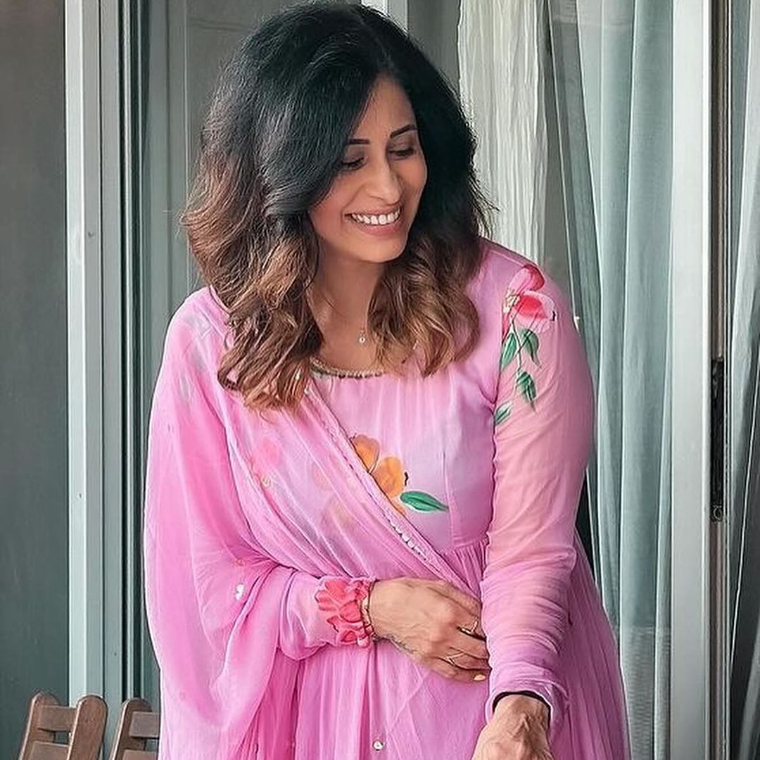 Sugar Pink Chiffon Handpainted Anarkali Suit Set For Women Online