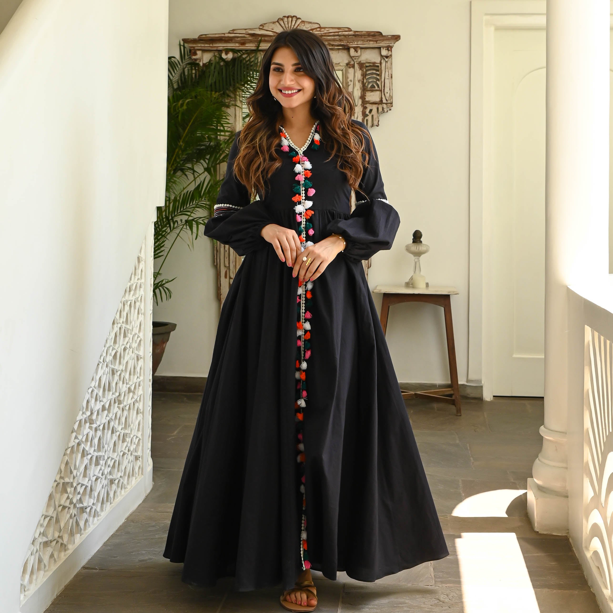 Black Plain Anarkali Style Gown With Fancy Sleeves