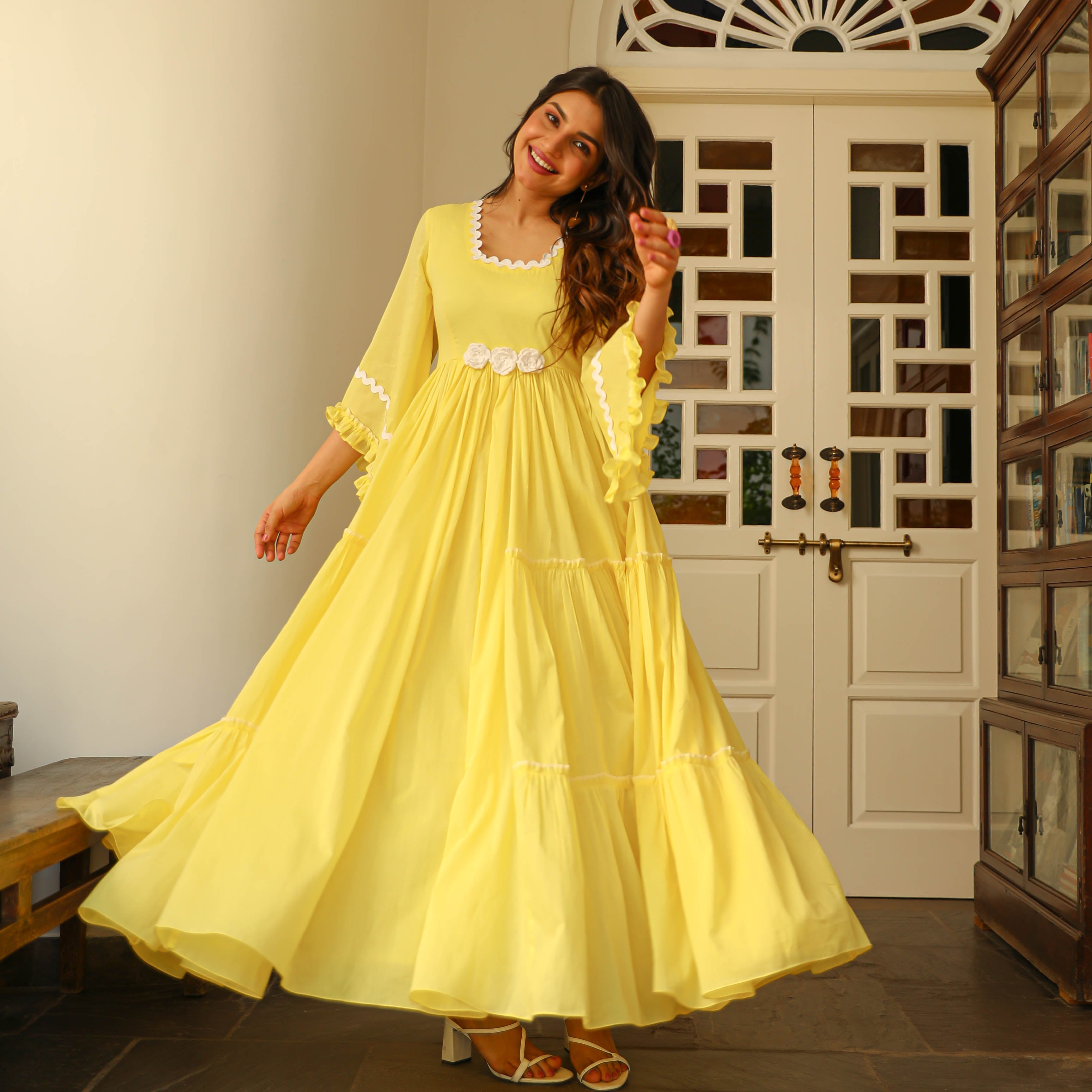 Cotton Gown Dress in Yellow with Embroidered - GW0393