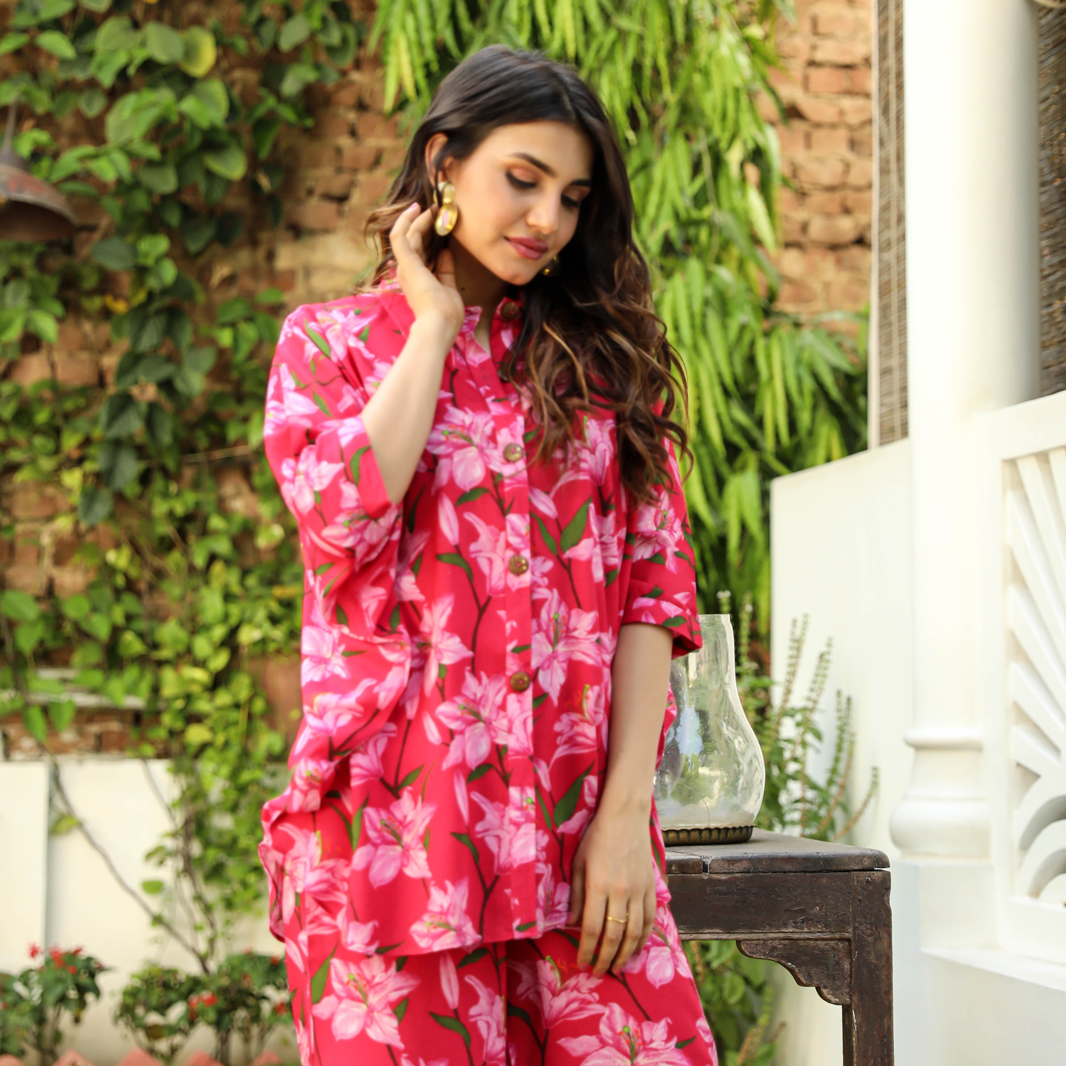 Red Lily Floral Printed Co-ord Set For Women Online