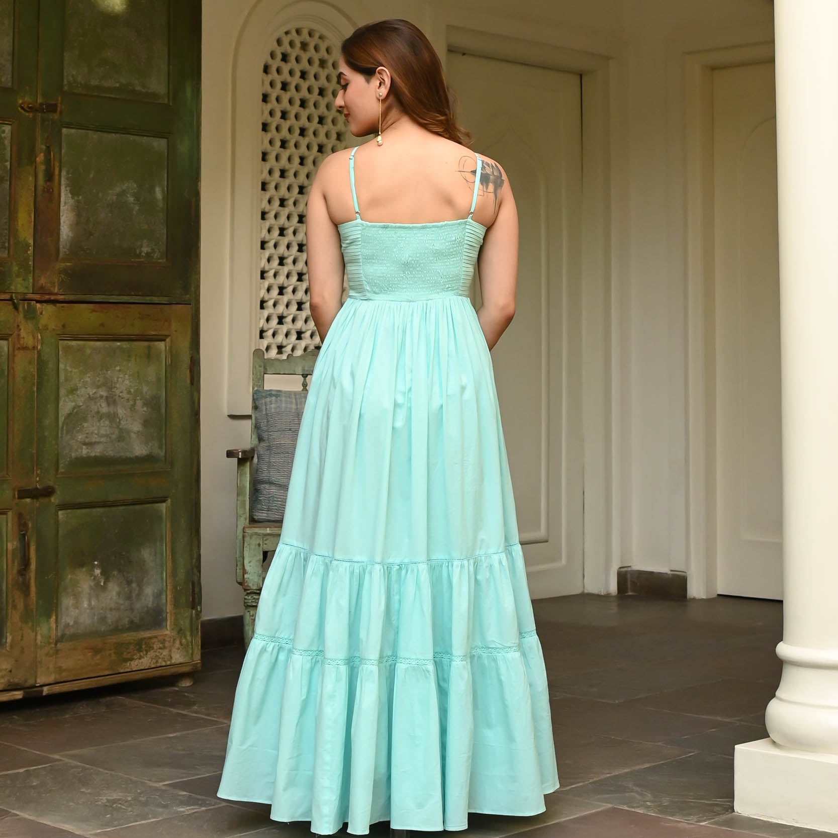 Sky Blue Tiered Cotton Dress for Women Online