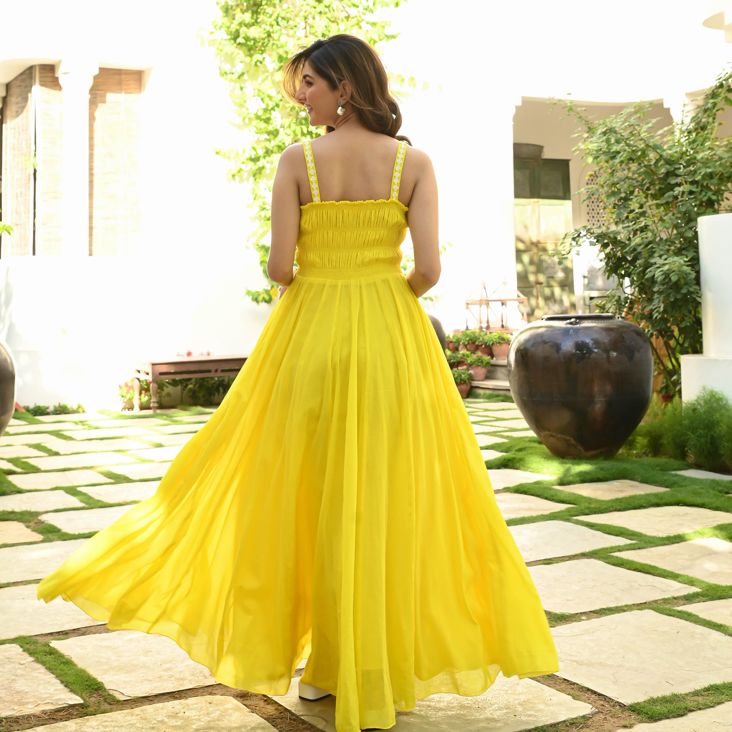 Digital print Silk Yellow Gown Dress with Dupatta - GW0403