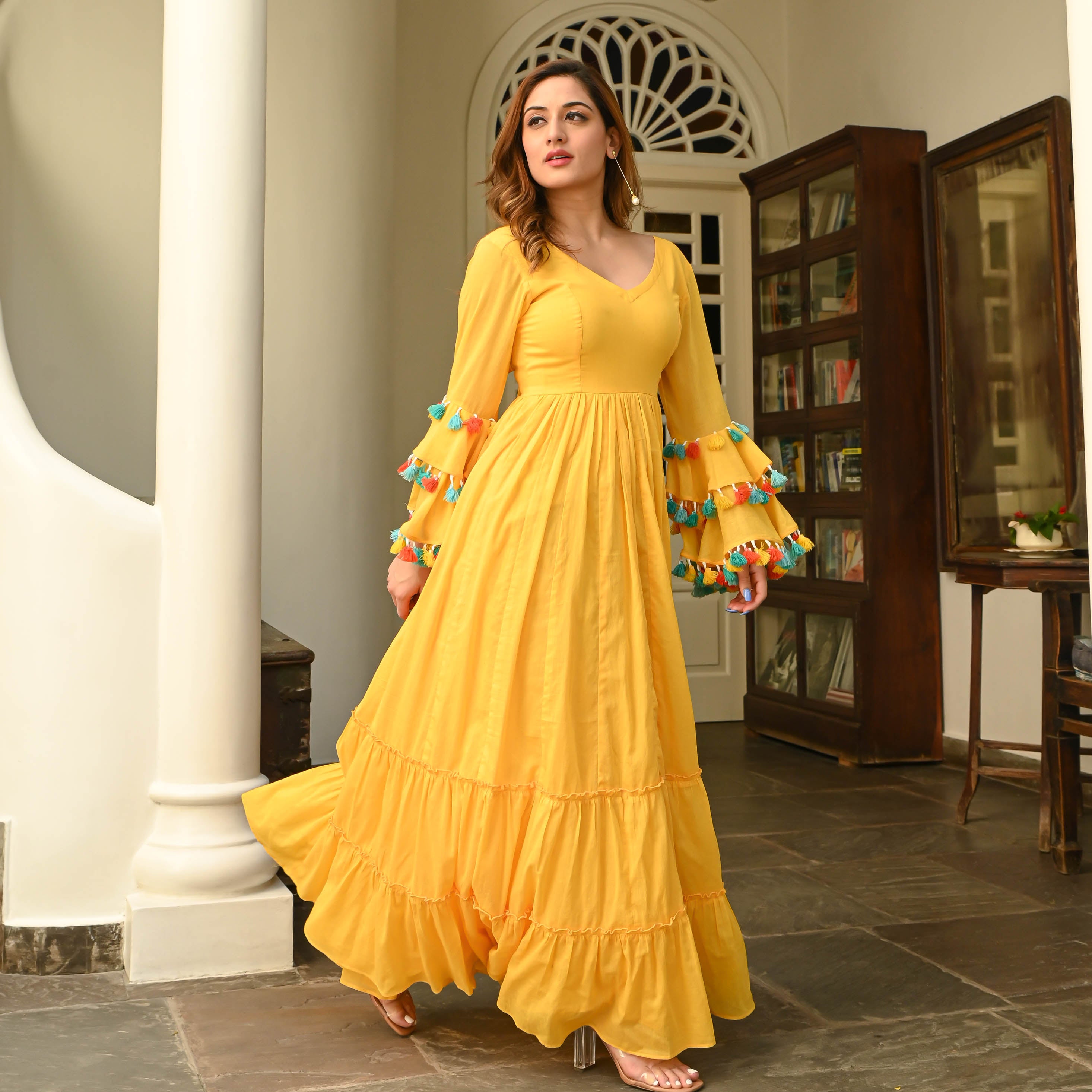 Yellow Pom Pom Sleeve Cotton Dress for Women
