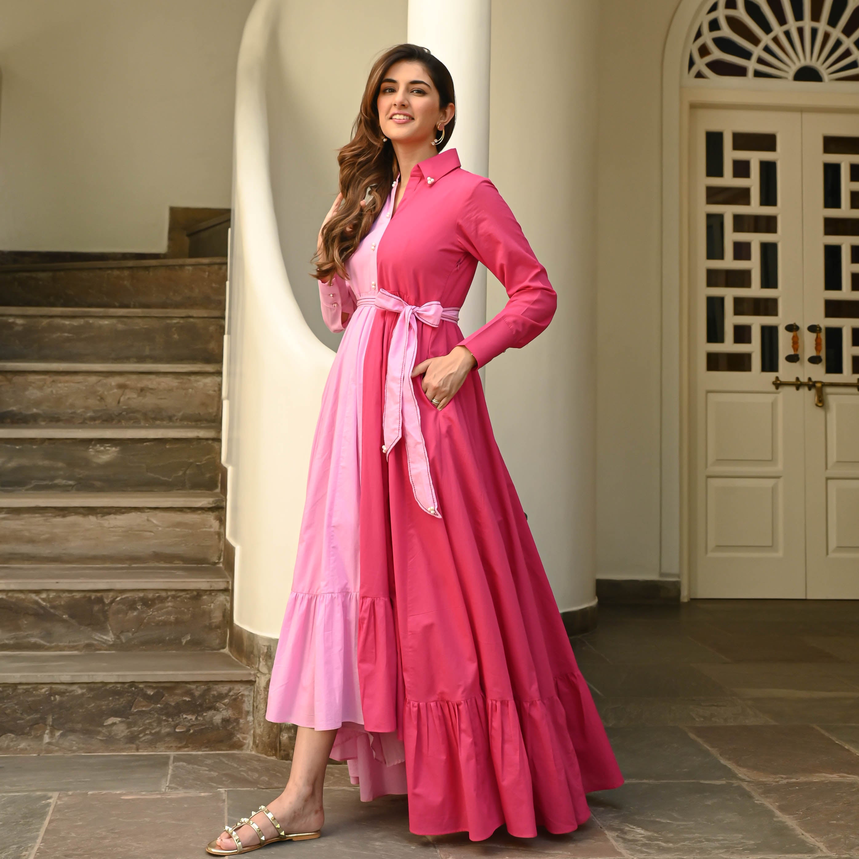 Two Tone Pink Designer Cotton Dress For Women Online