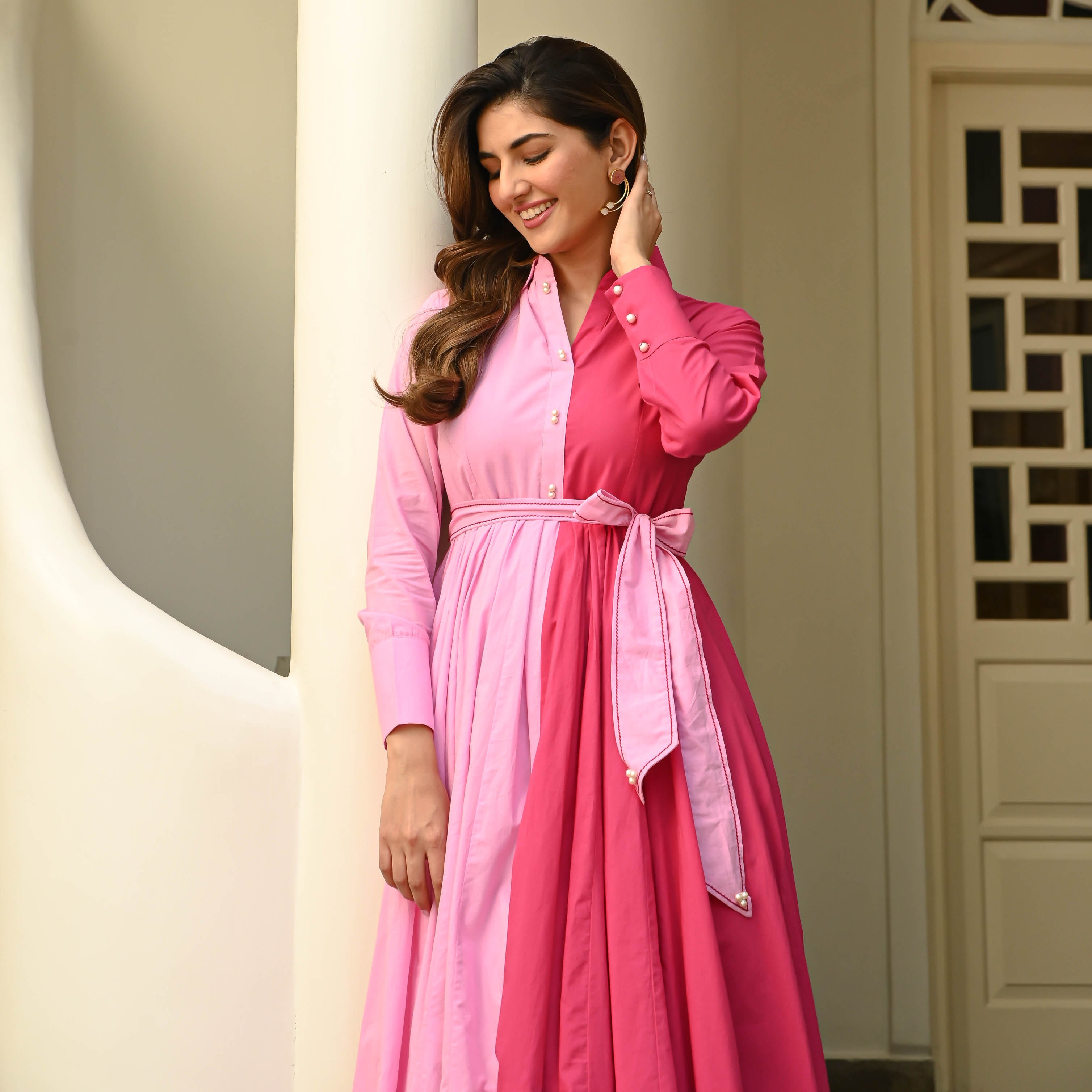 Two Tone Pink Designer Cotton Dress For Women Online