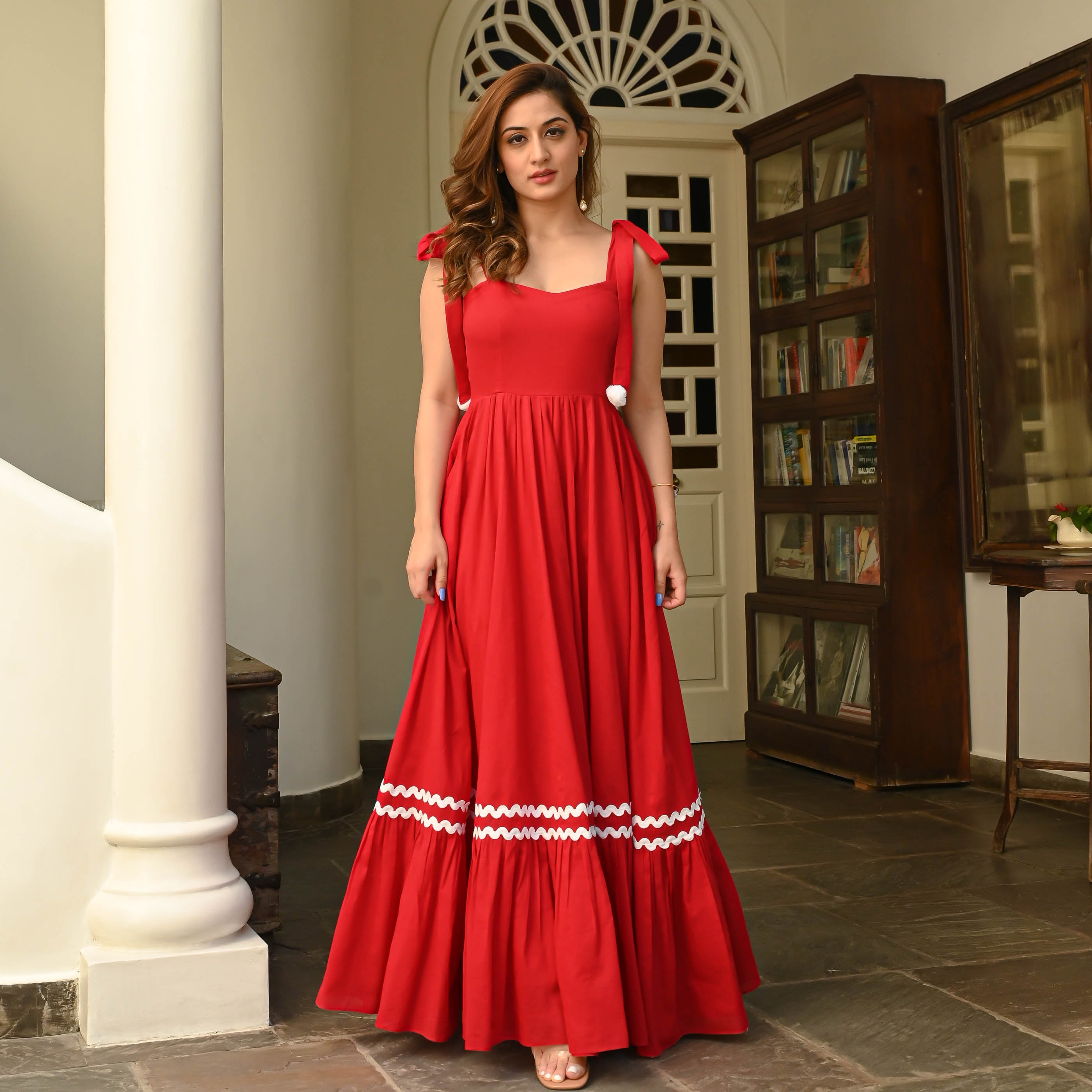 Buy Indo Era Red Floral Embroidered Tie Up Neck Ethnic A Line Midi Dress -  Ethnic Dresses for Women 19685298 | Myntra