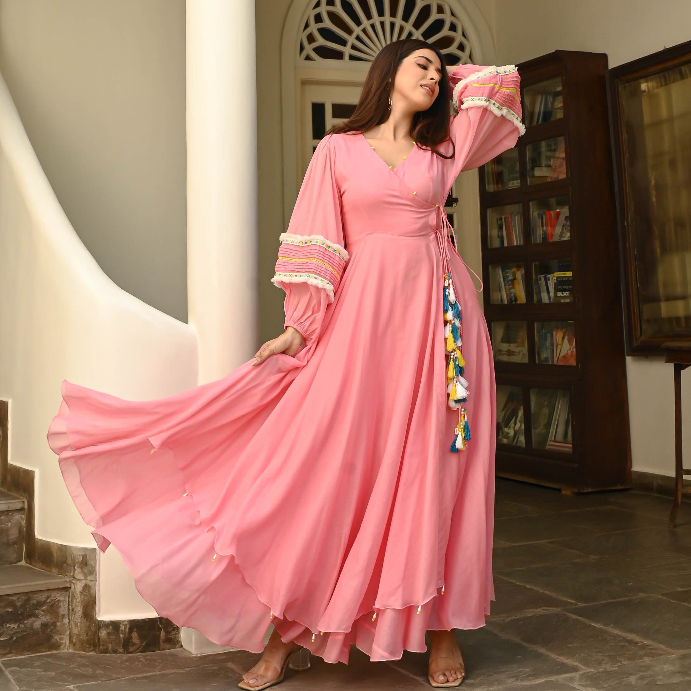 Calm Pink Tassels Cotton Dress For Women Online