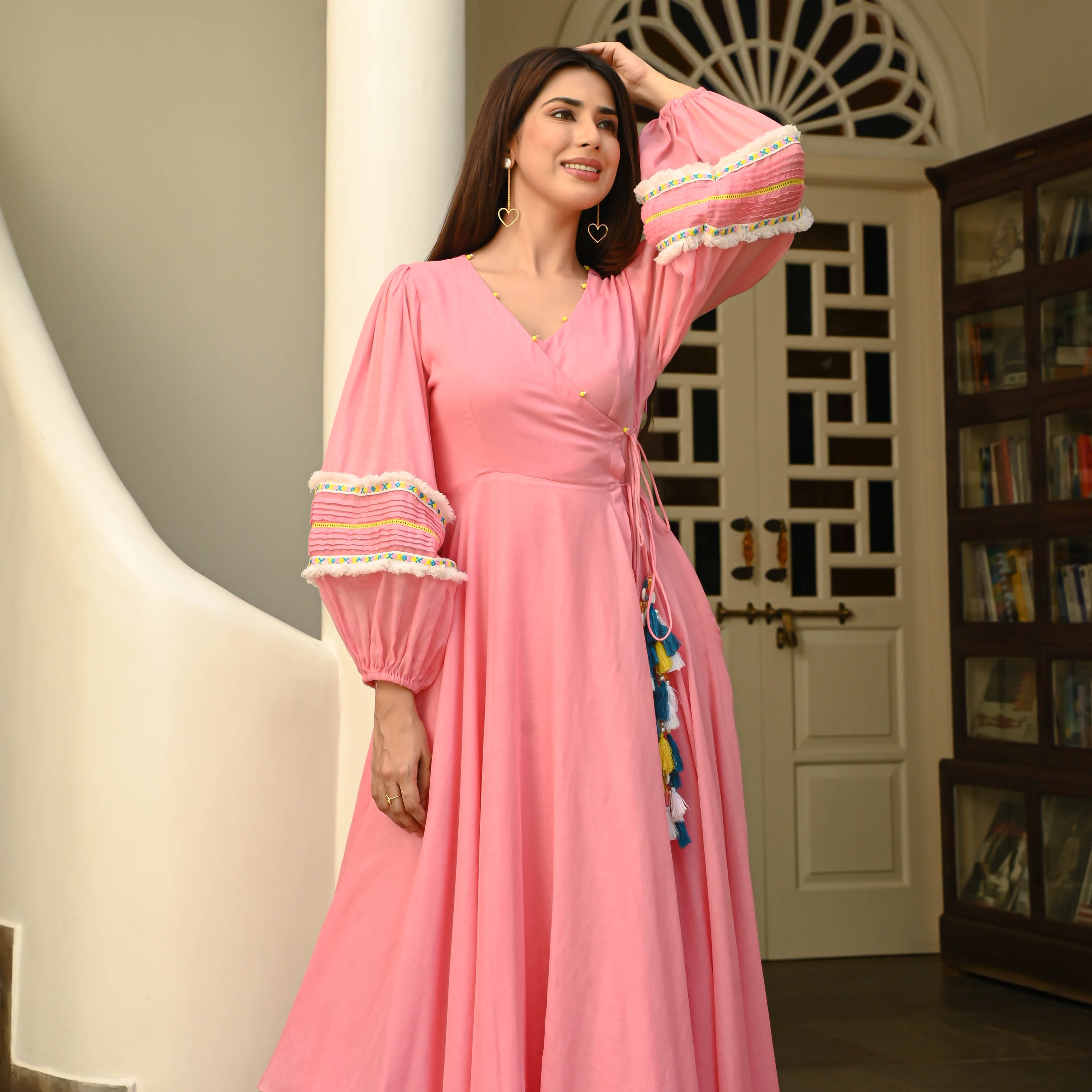 Calm Pink Tassels Cotton Dress For Women Online