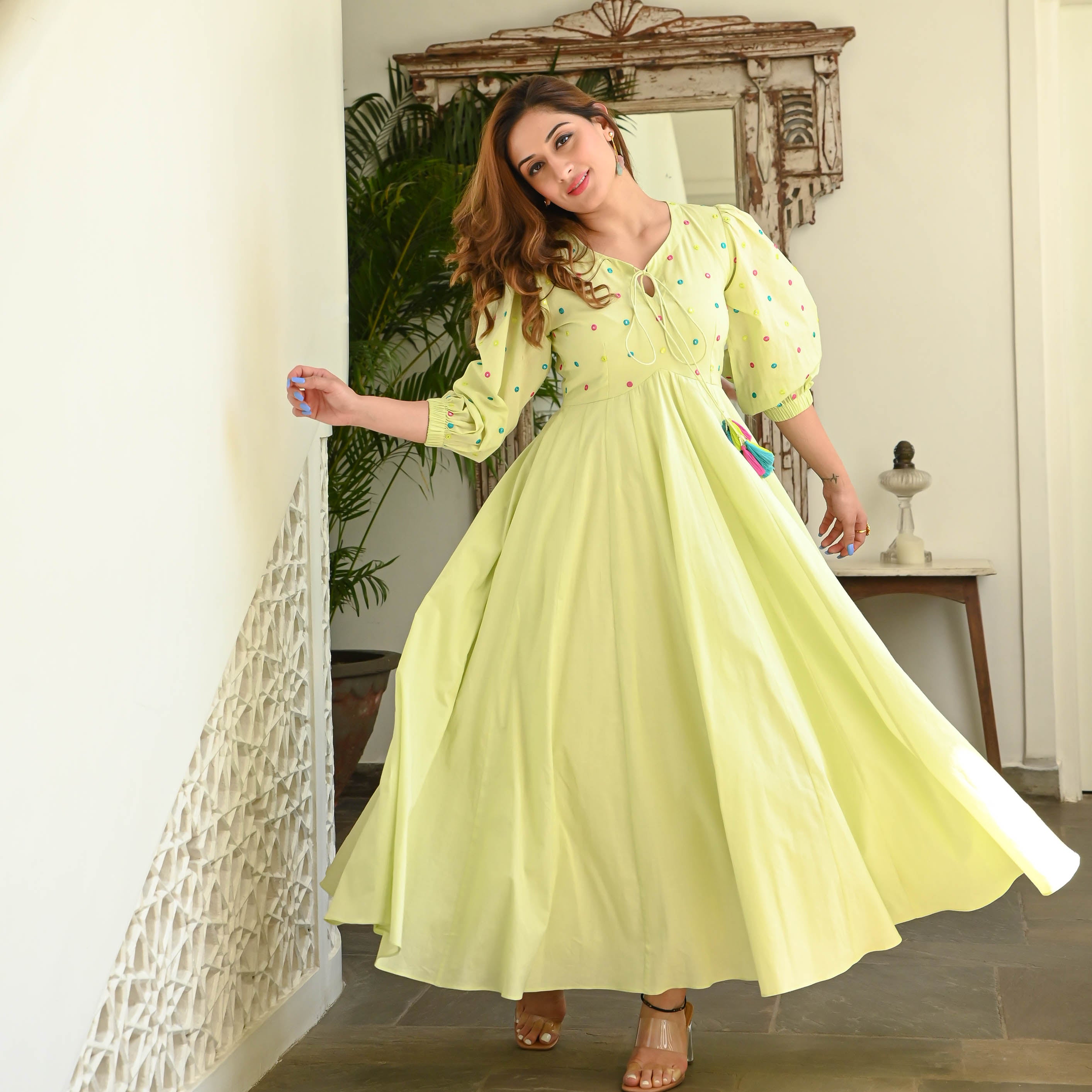 Yellow Embroidered Cotton Dress for Women Online