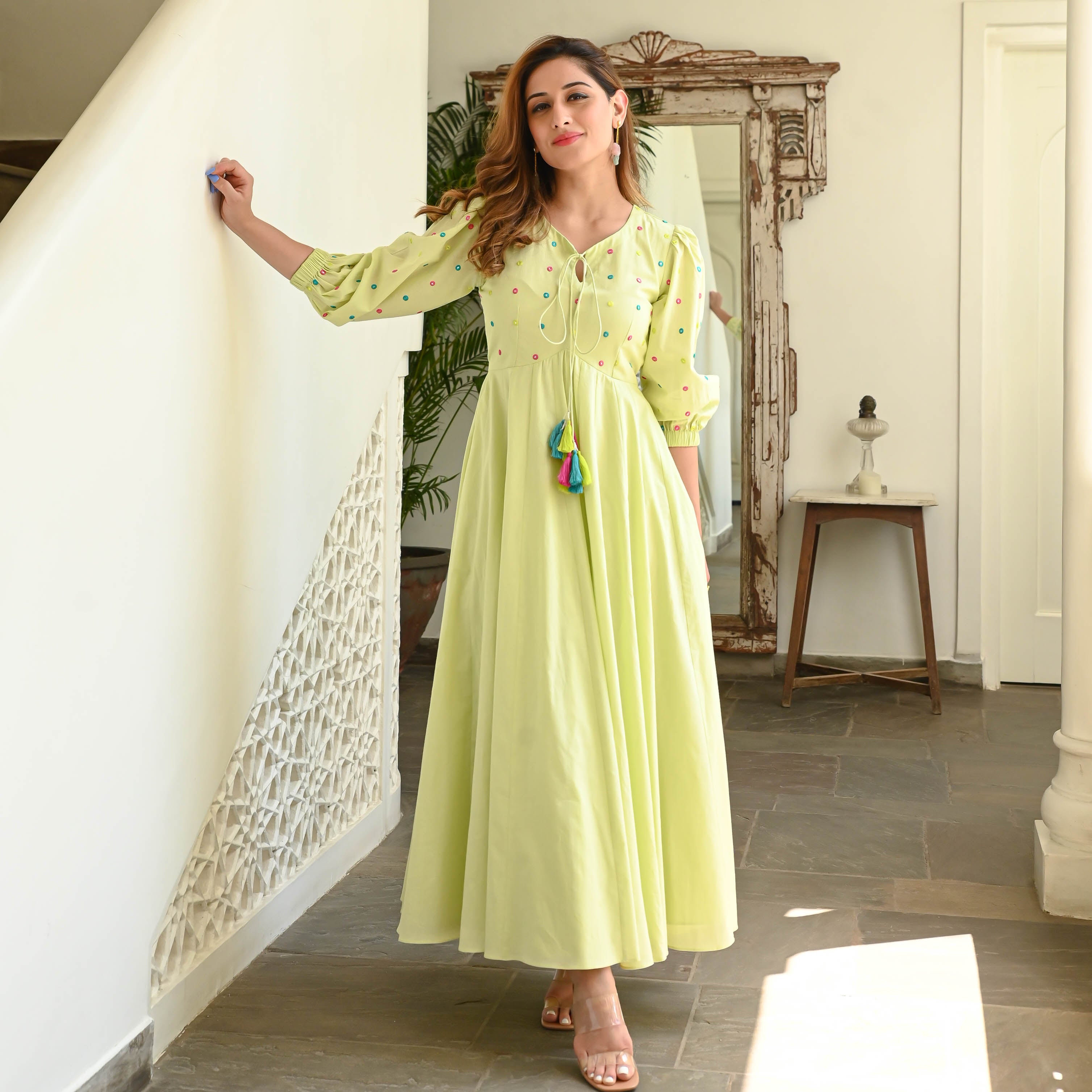 Yellow Embroidered Cotton Dress for Women Online
