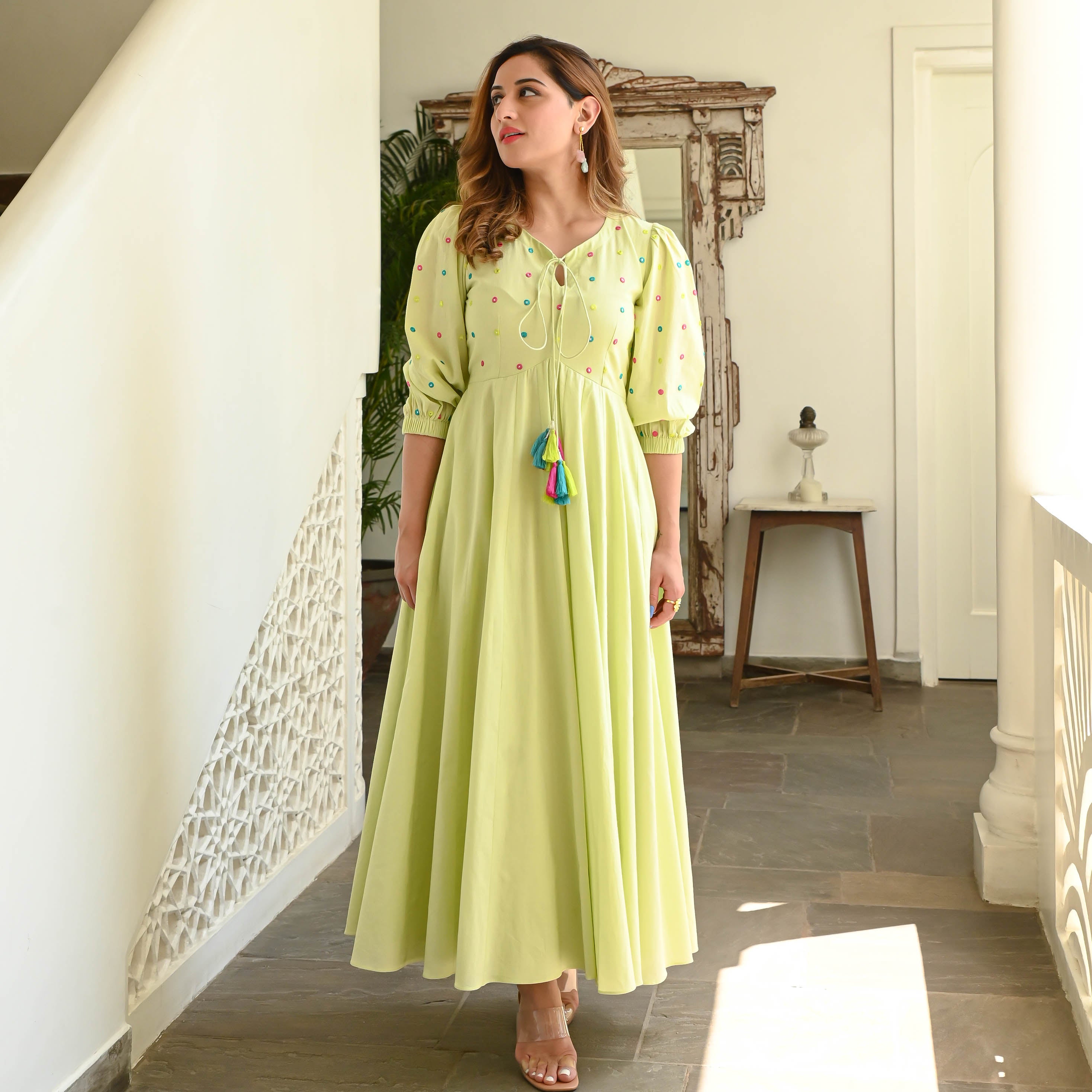 Yellow Embroidered Cotton Dress for Women Online