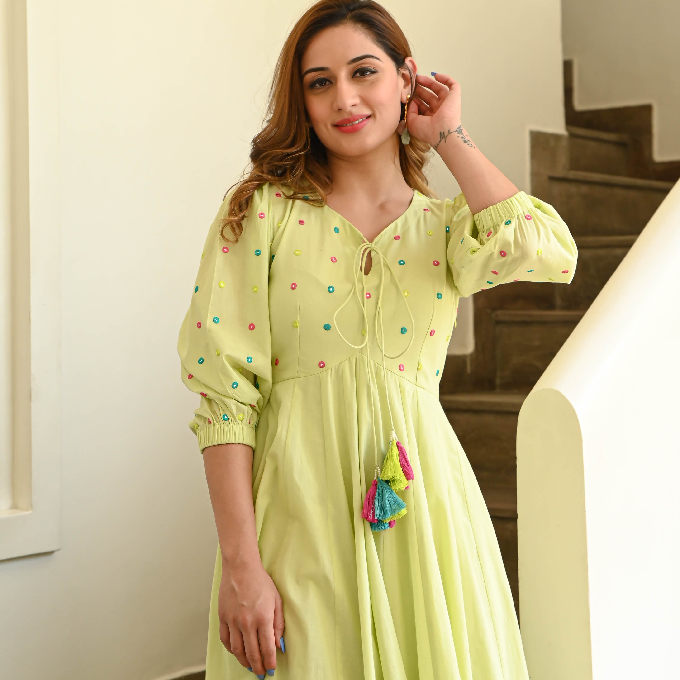 Yellow Embroidered Cotton Dress for Women Online