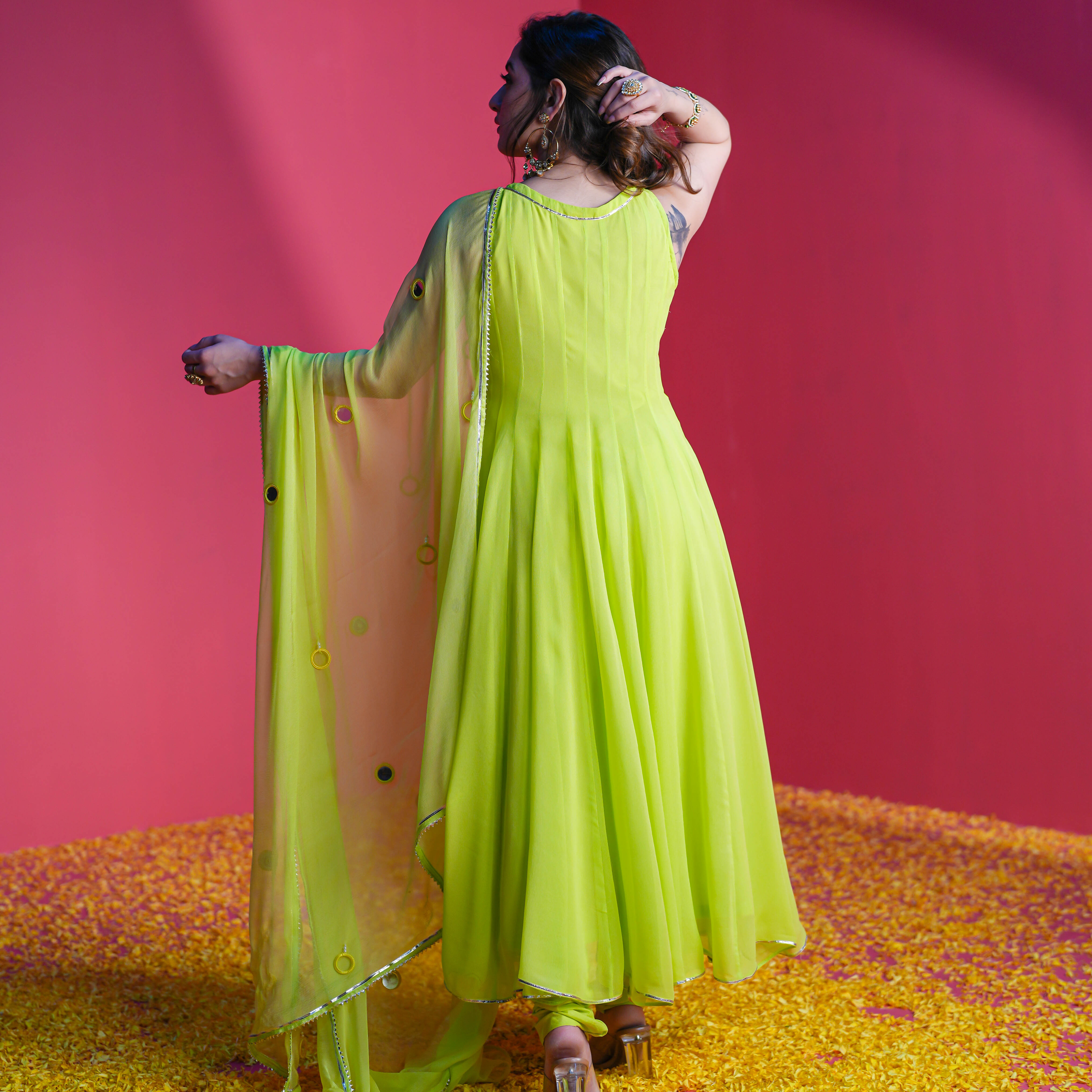 Fluorescent Green Georgette Designer Suit Set For Women Online