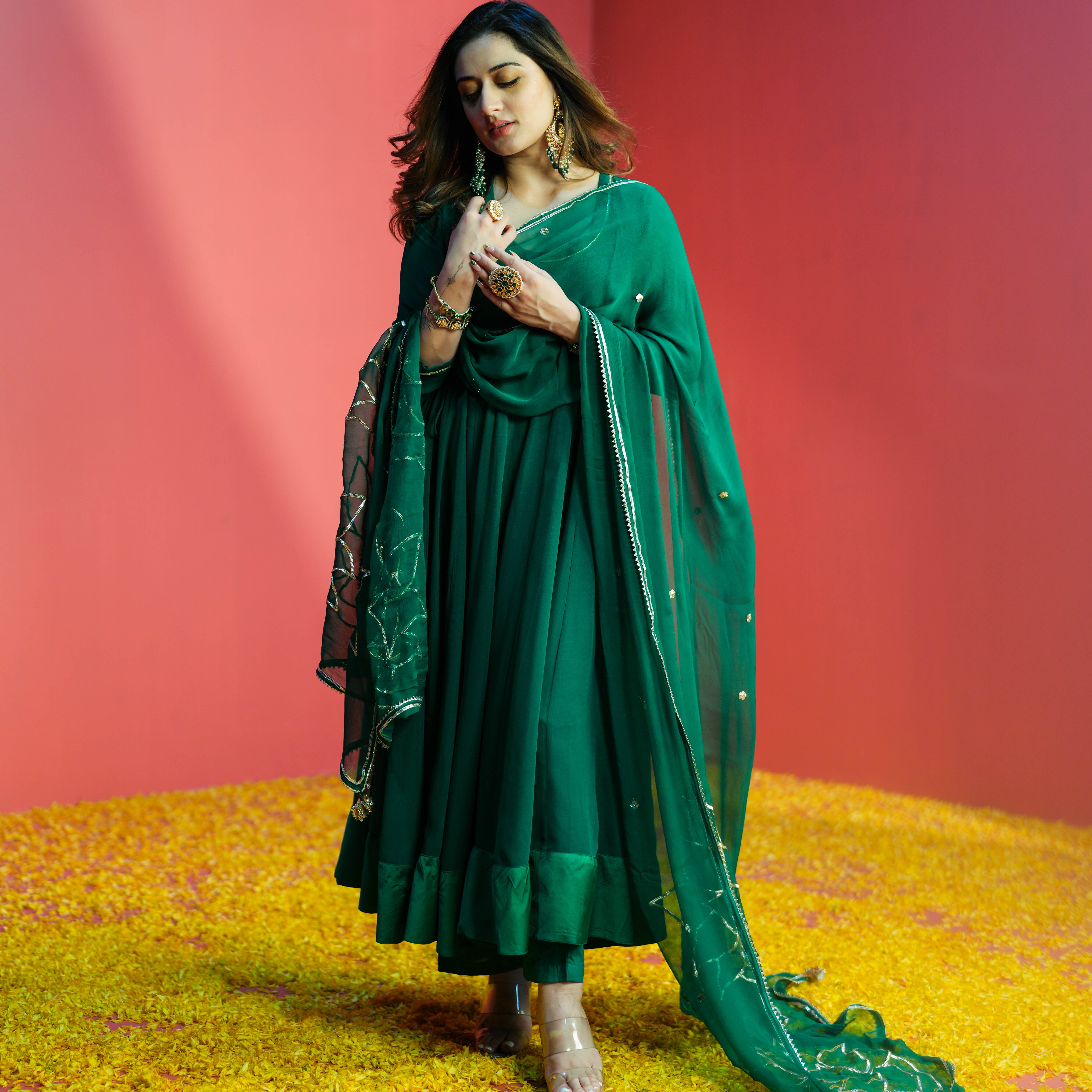 Buy Emerald Green Georgette Anarkali Suit Set Online- Bunaai