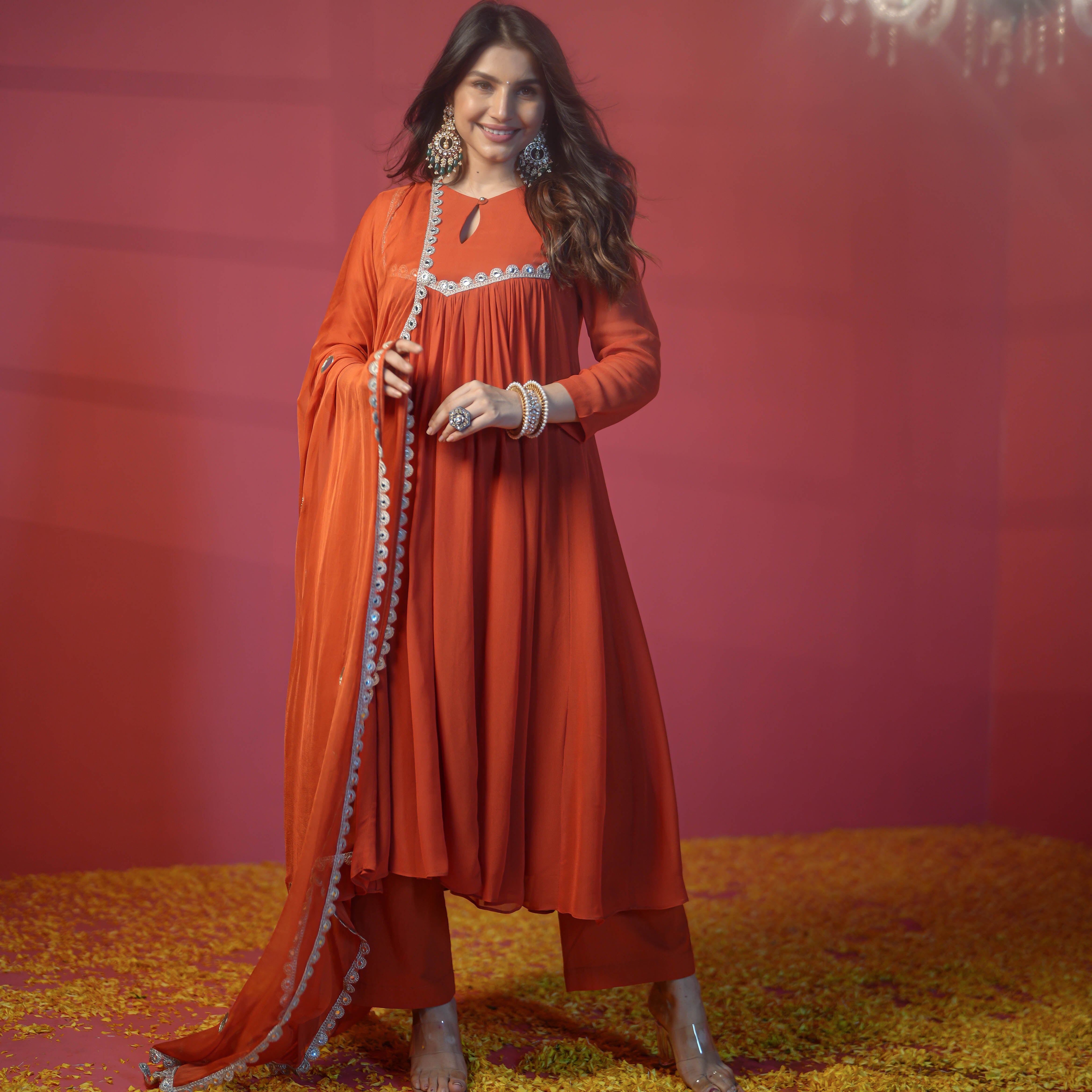Terracotta Orange Georgette Anarkali Suit Set For Women Online