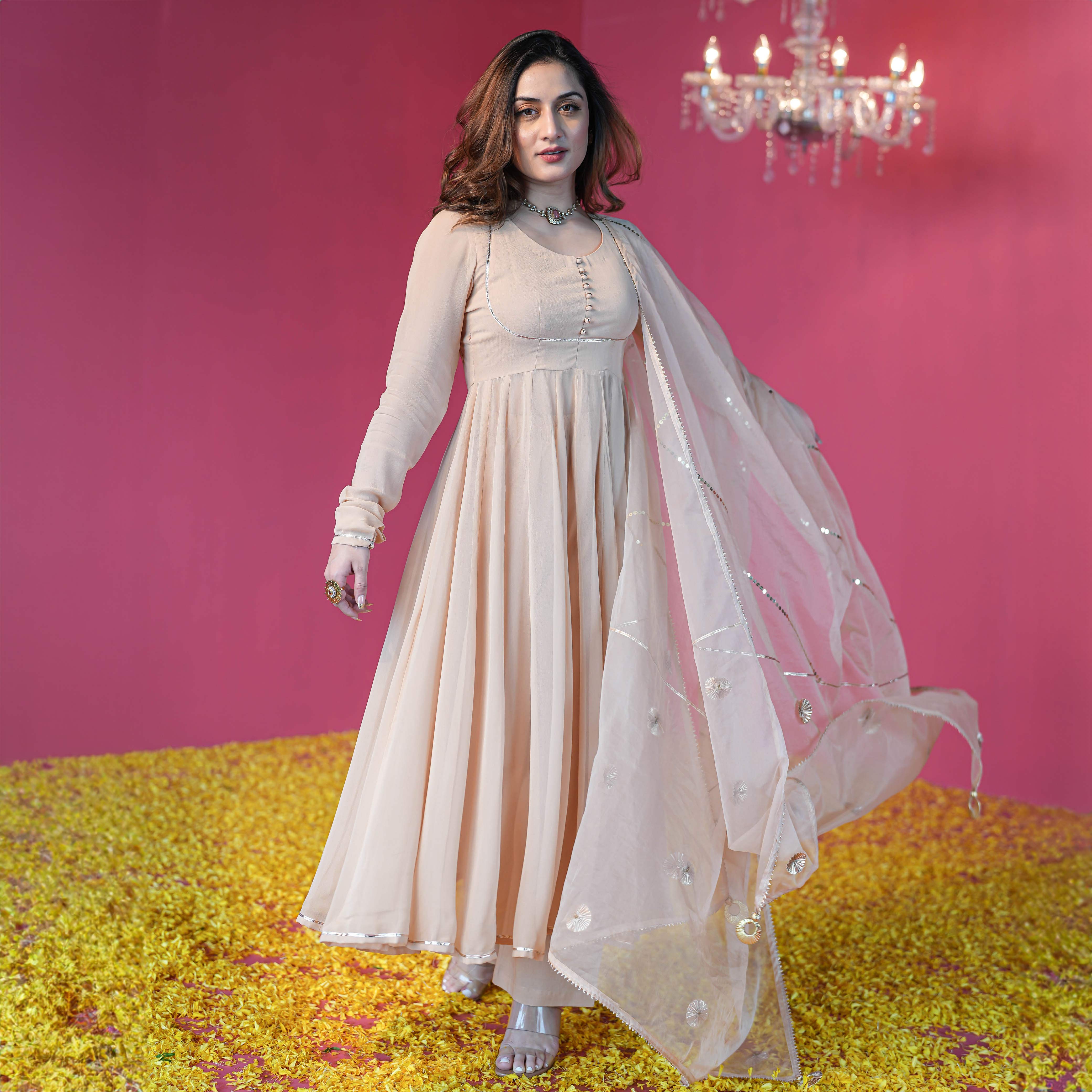 Apricot Cream Georgette Full Sleeve Anarkali Suit Set For Women Online
