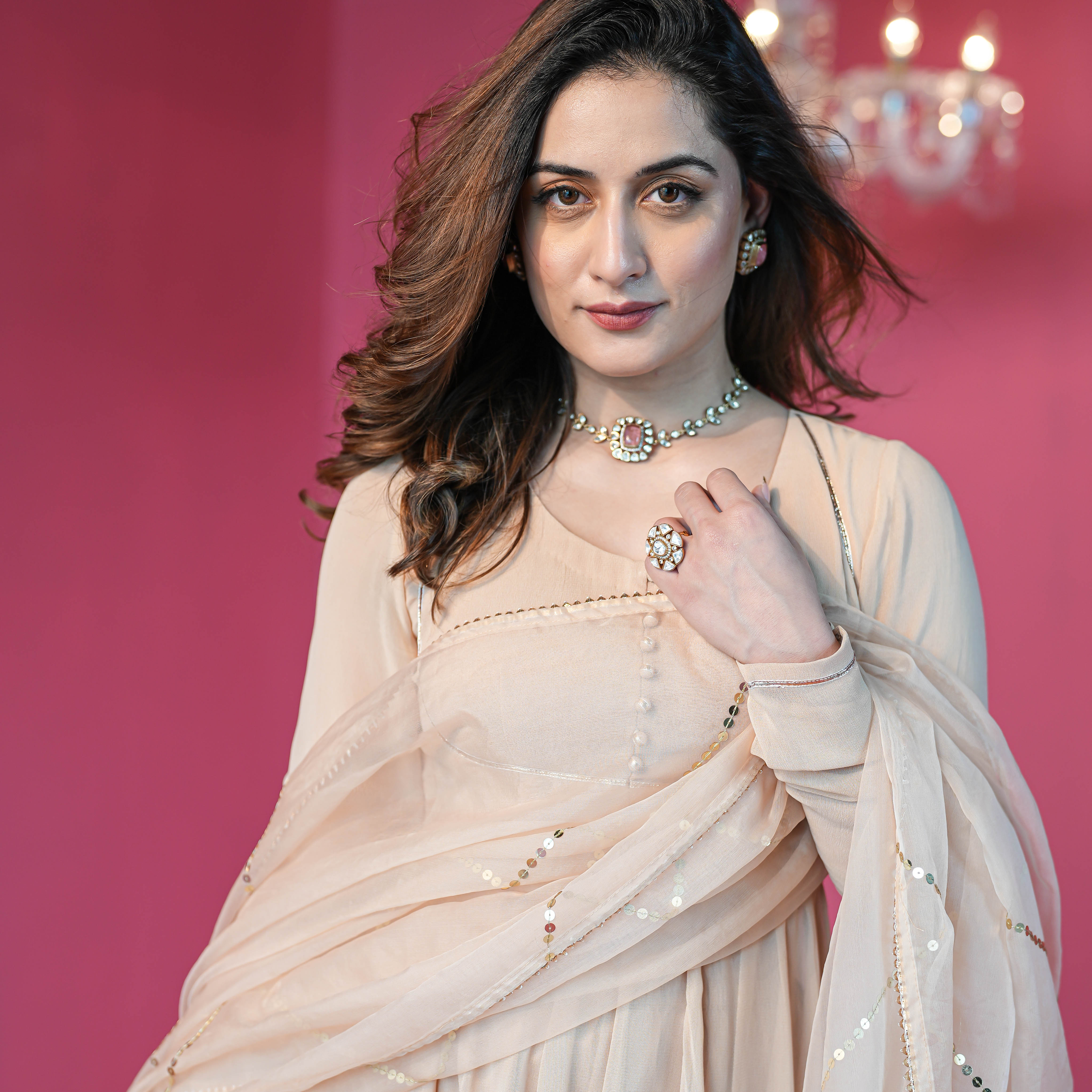 Apricot Cream Georgette Full Sleeve Anarkali Suit Set For Women Online
