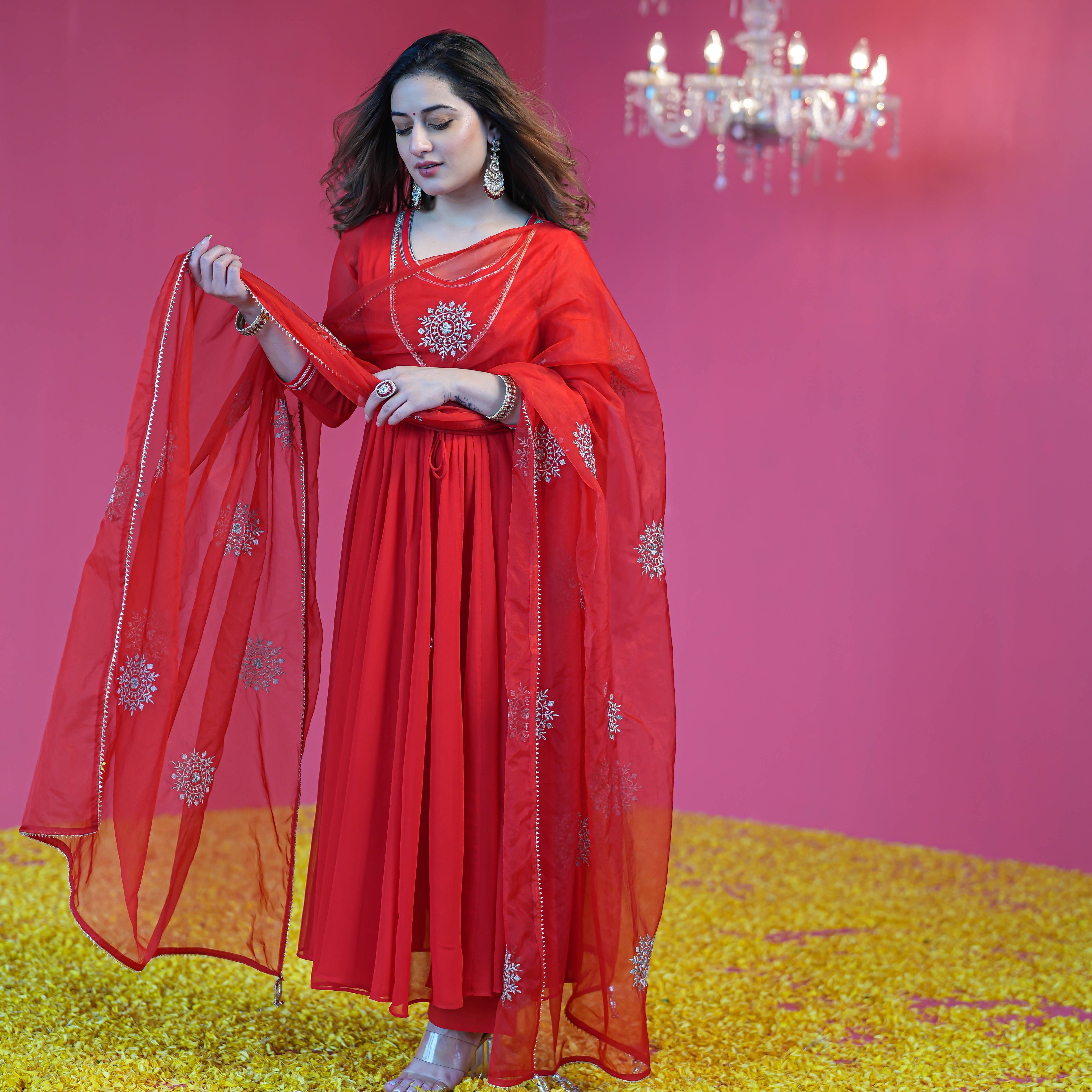 Bright Red Georgette Designer Suit Set For Women Online