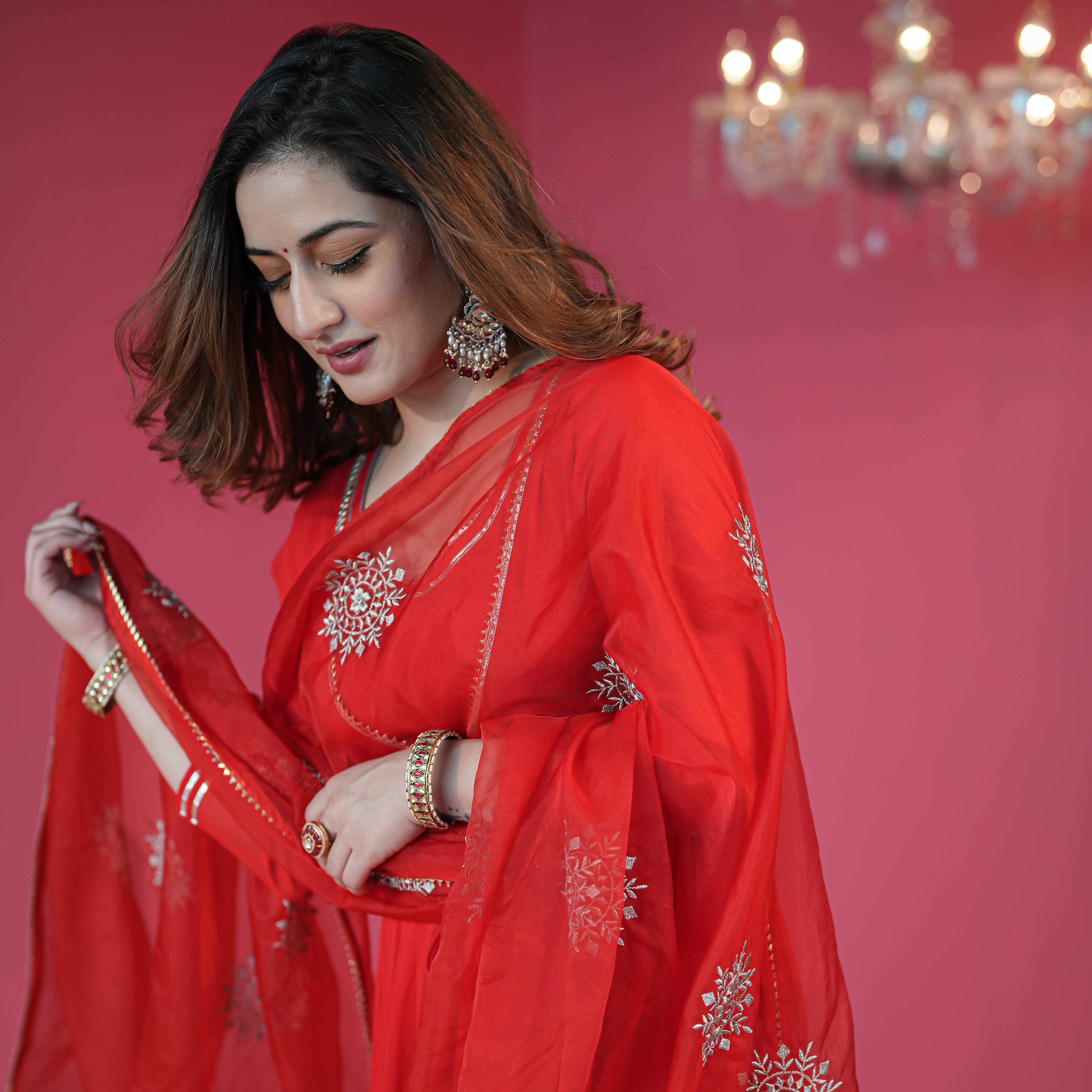 Bright Red Georgette Designer Suit Set For Women Online