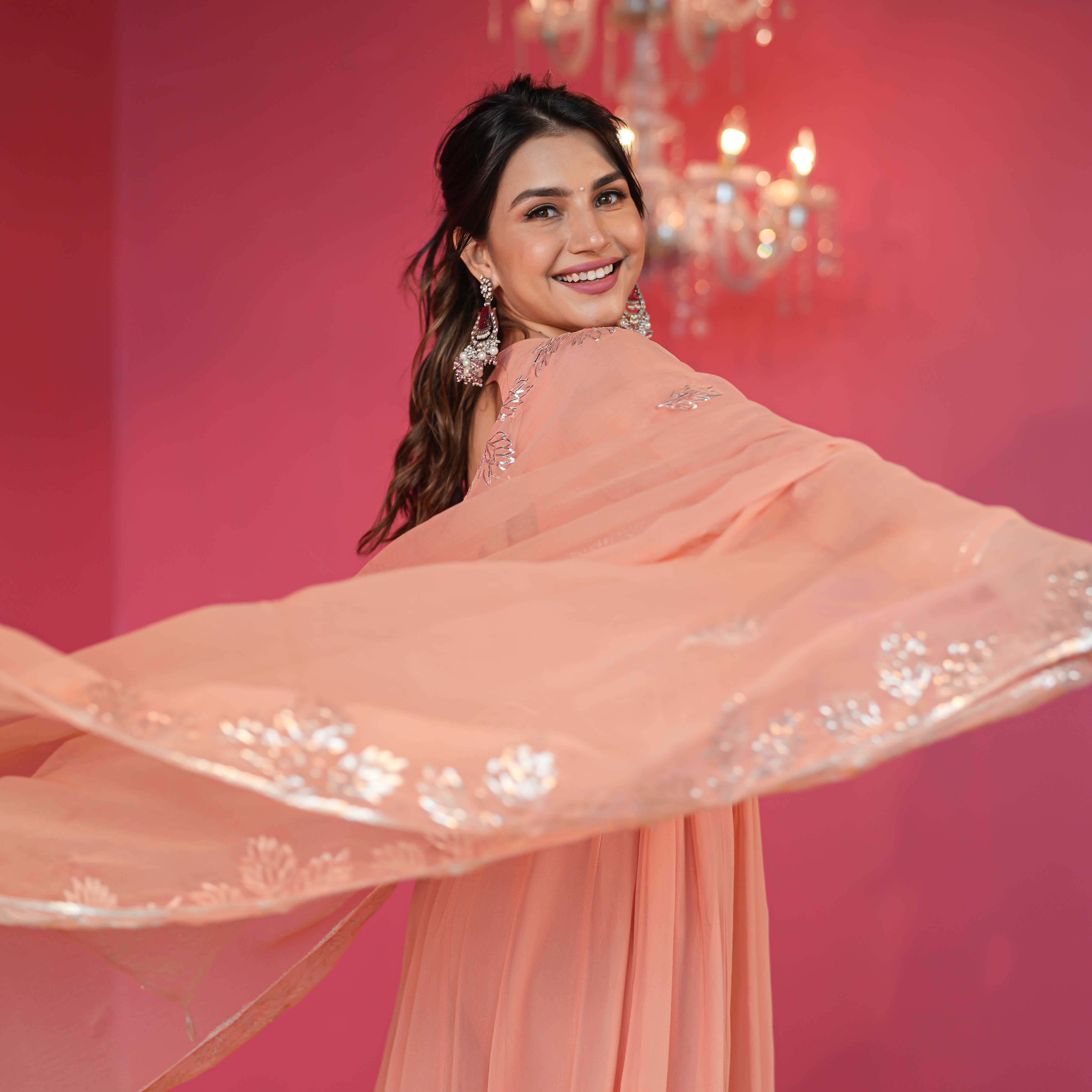 Pastel Peach Full Sleeve Georgette Designer Suit Set For Women Online