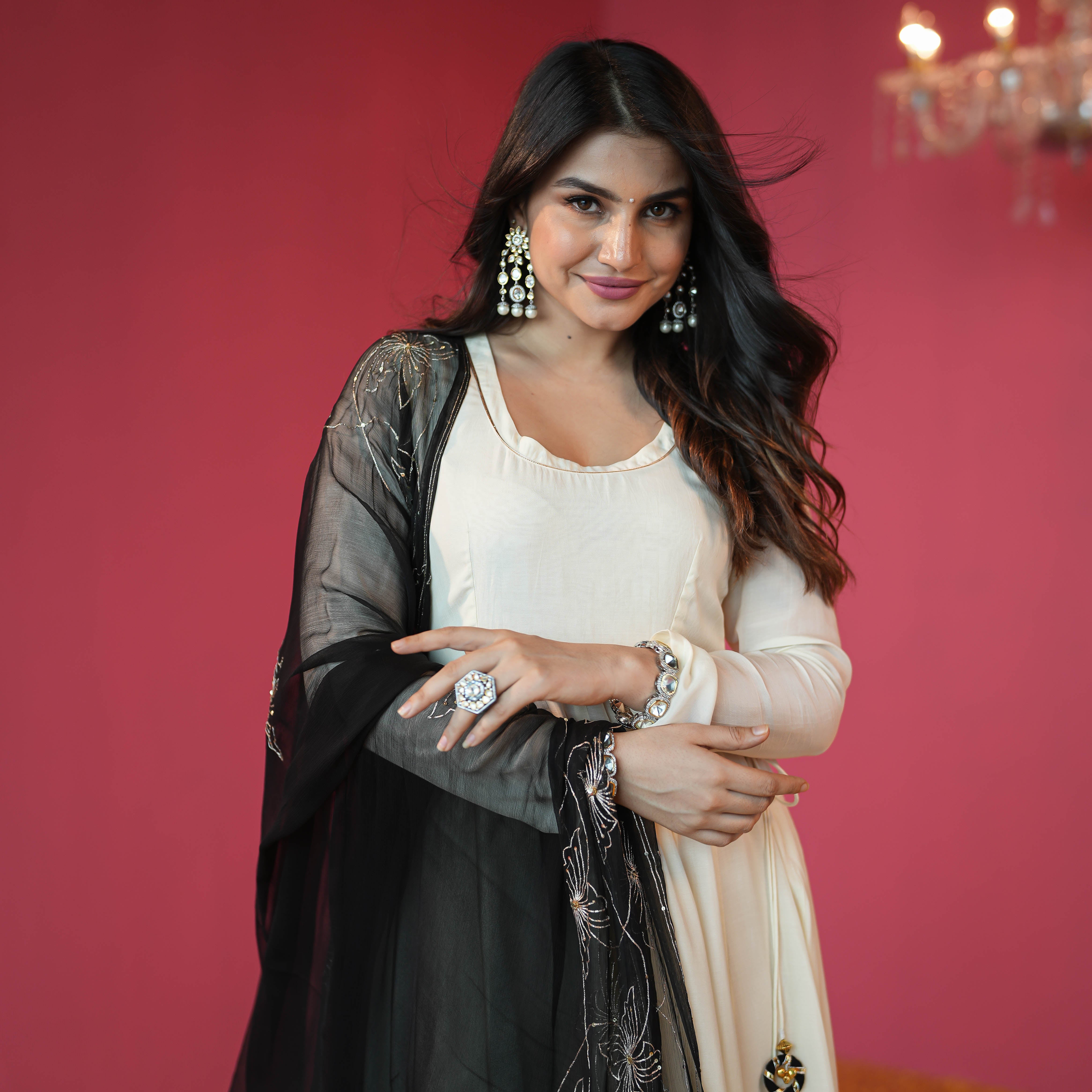 Cream Black Muslin Designer Anarkali Suit Set For Women Online