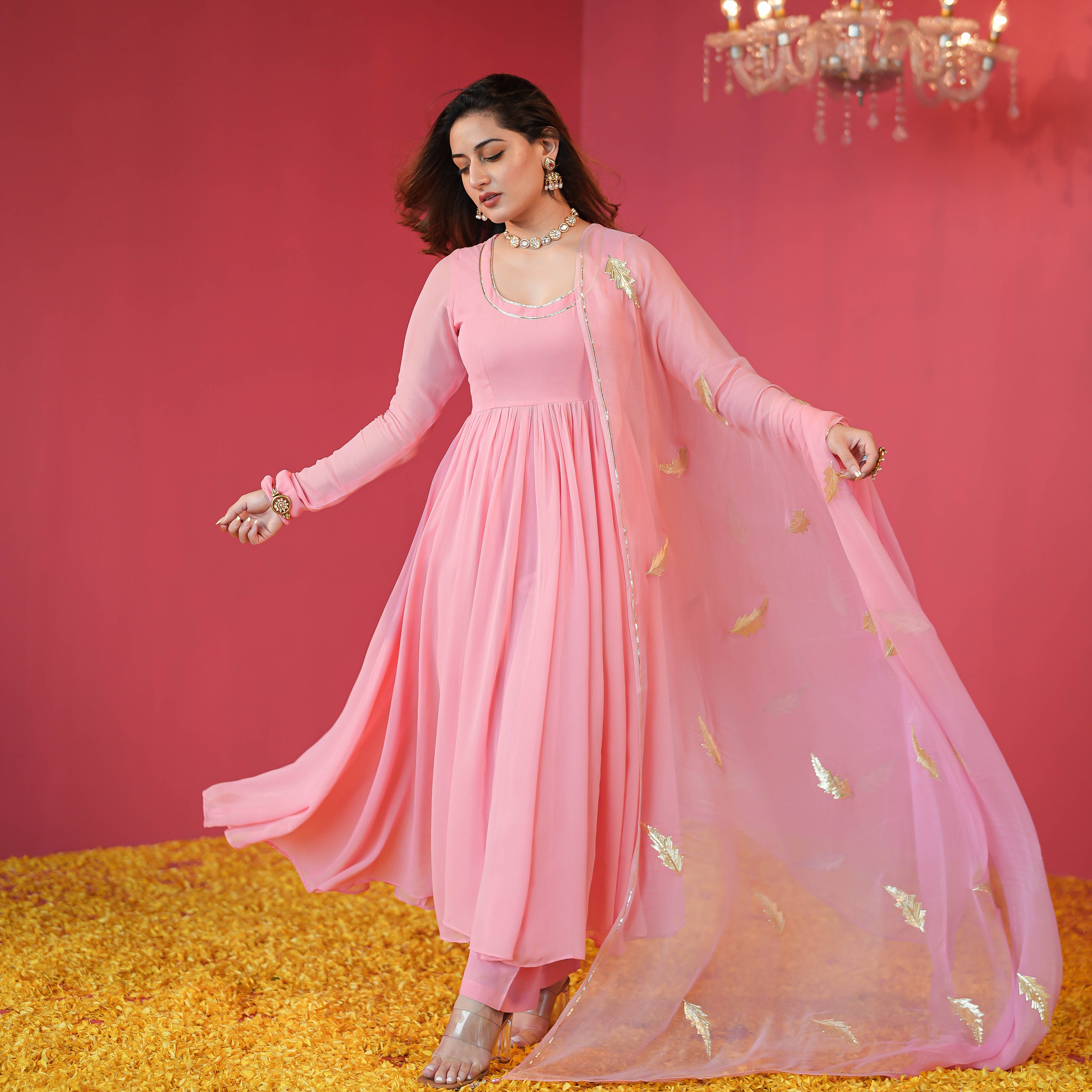 Pink Gota Work Georgette Ananrkali for Women Online