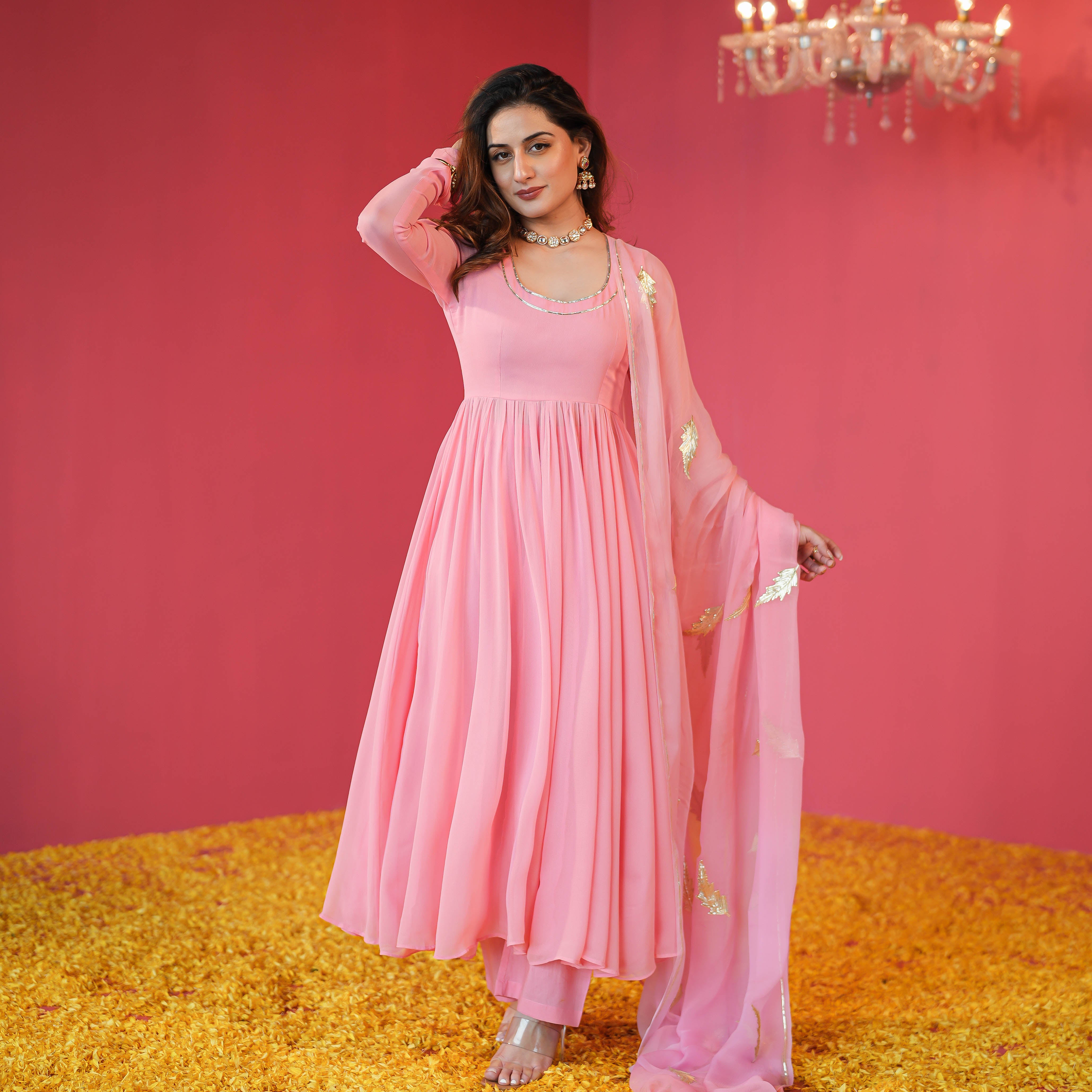 Rosy Pink Georgette Anarkali Suit Set For Women Online