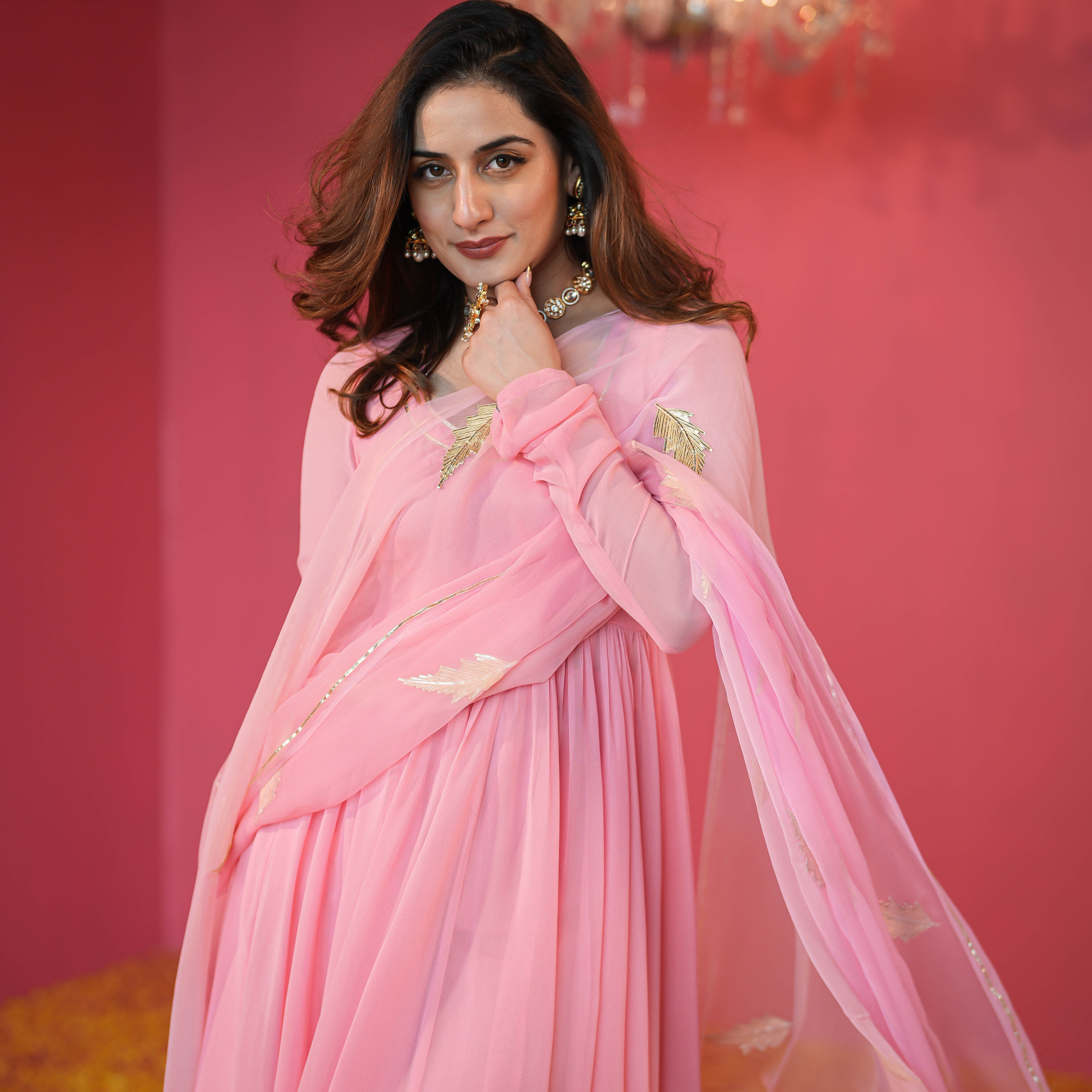 Rosy Pink Georgette Anarkali Suit Set For Women Online