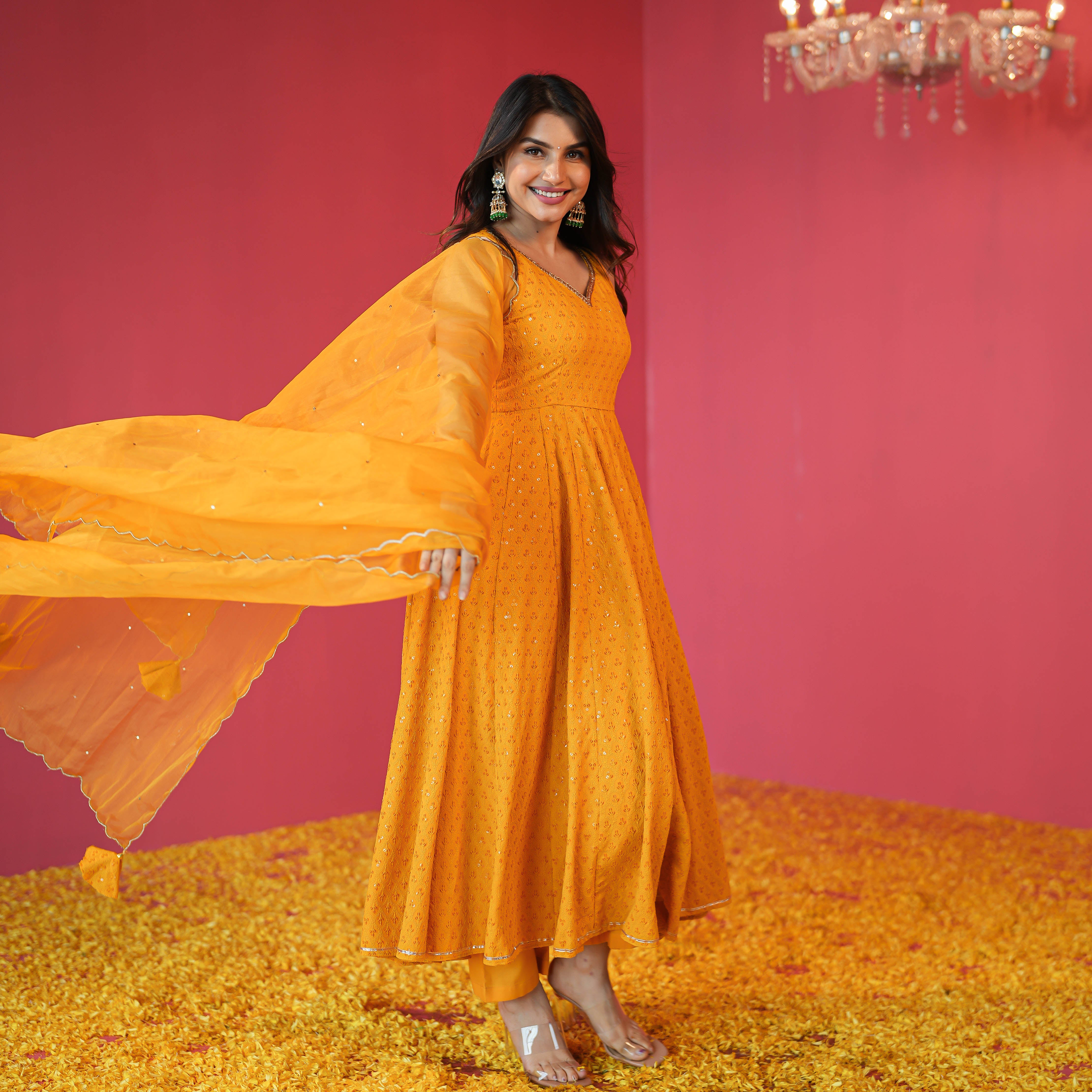 Janasya Women'S Yellow Georgette Solid Kurta With Palazzo And Dupatta,  Anarkali, 3/4th Sleeves at Rs 2439/piece in Surat