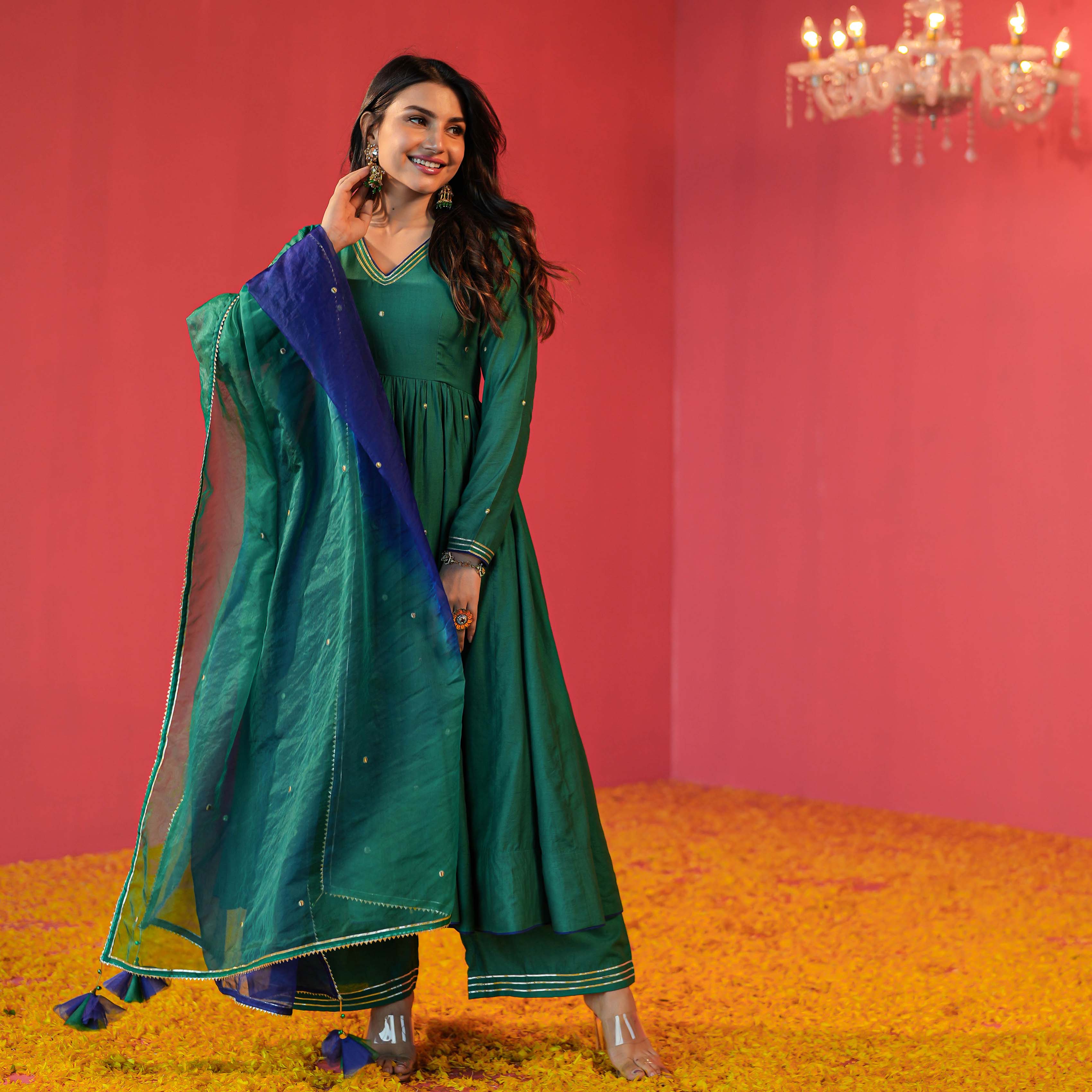Dark Green Chanderi Anarkali Suit Set for Women Online