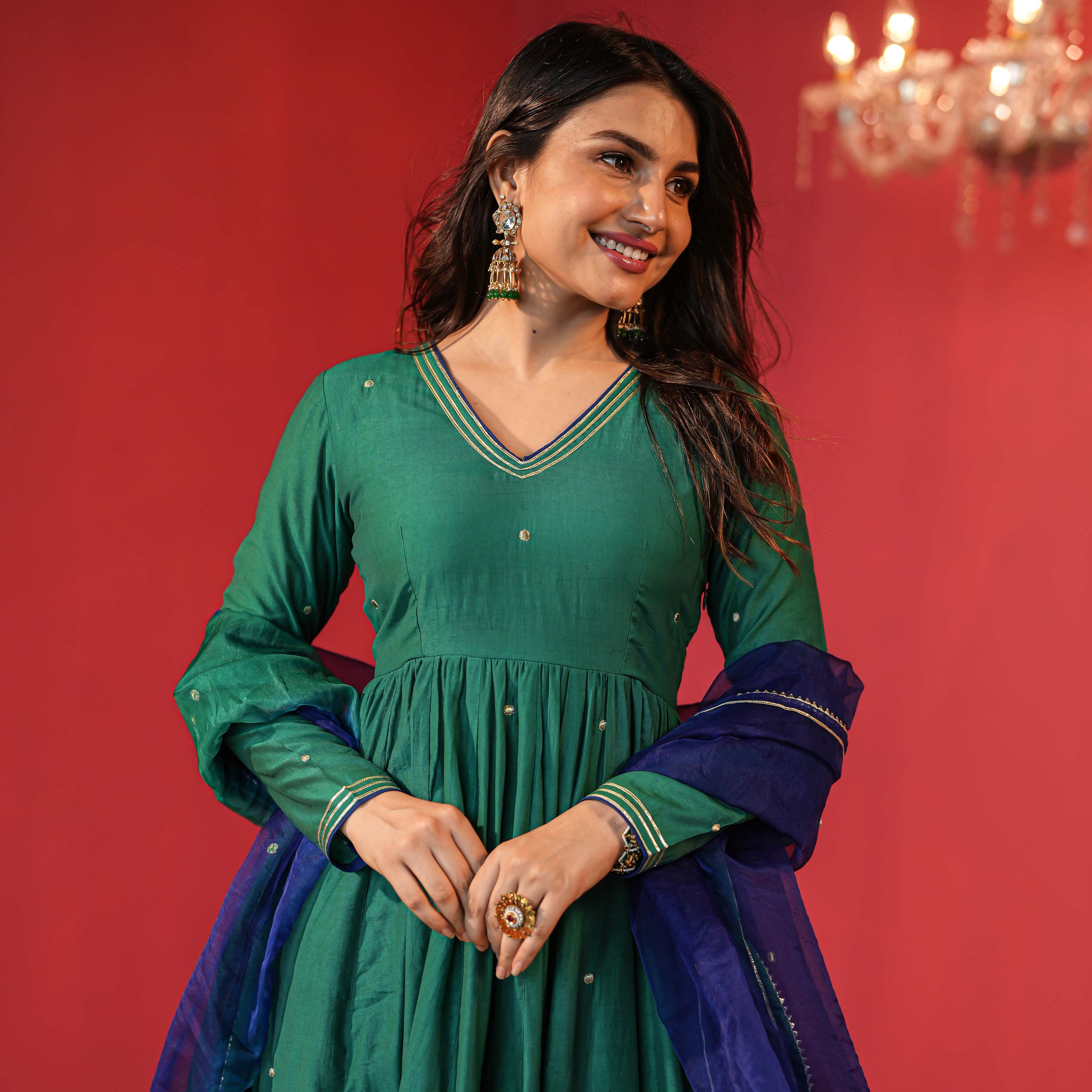 Green Designer Chanderi Anarkali Suit Set With Dupatta For Women Online