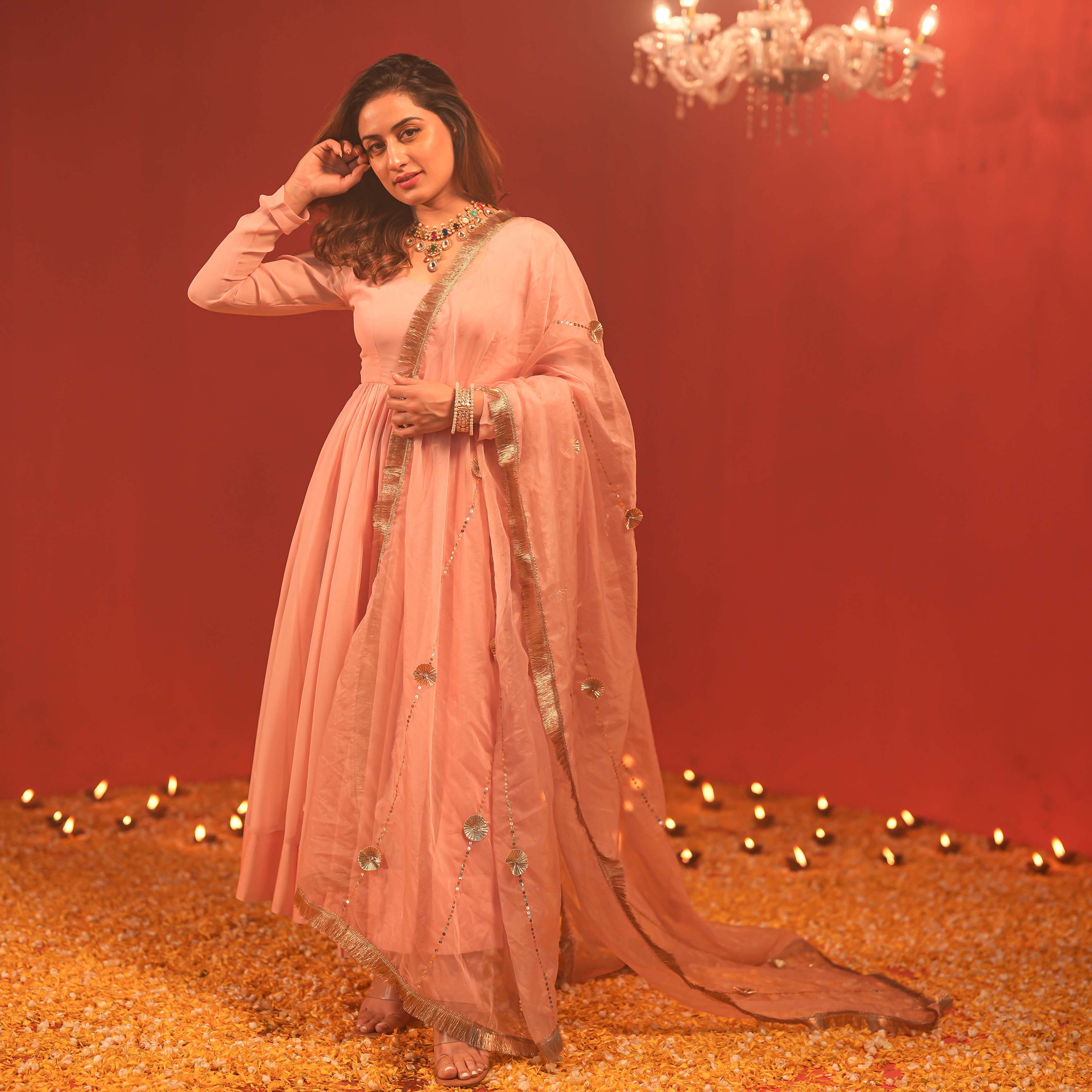 Misty Pink Full Sleeve Georgette Designer Suit Set For Women Online