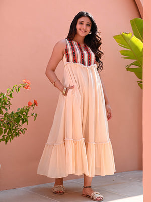 Beige Cotton Dress with Neck Detail