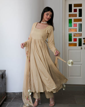 Beige Suit Set with Handpainted Dupatta