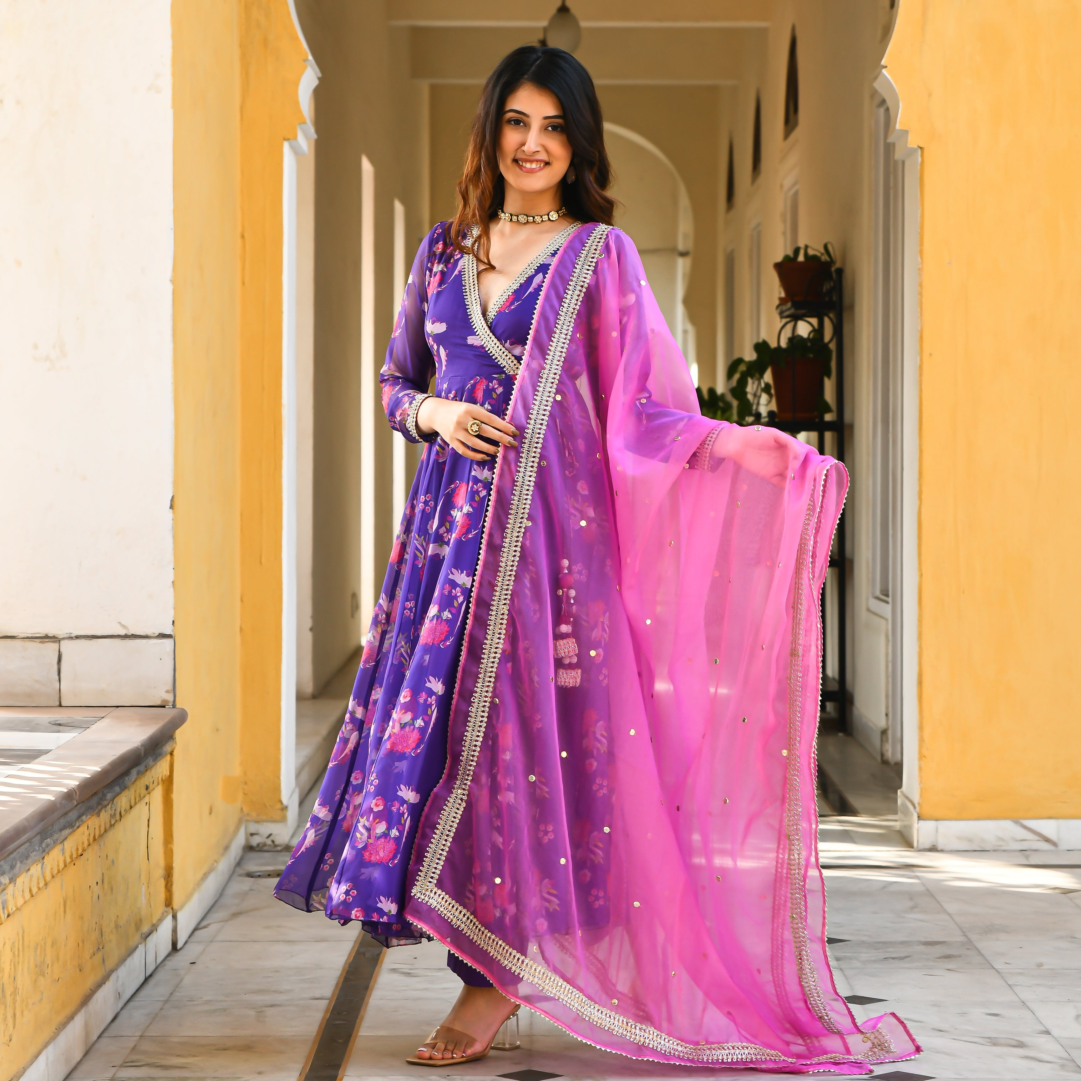 Rosy pink georgette anarkali suit set for women online