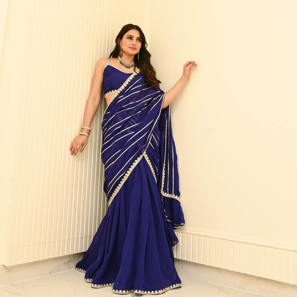 Hot Blue Designer Organza Draped Saree For Women Online