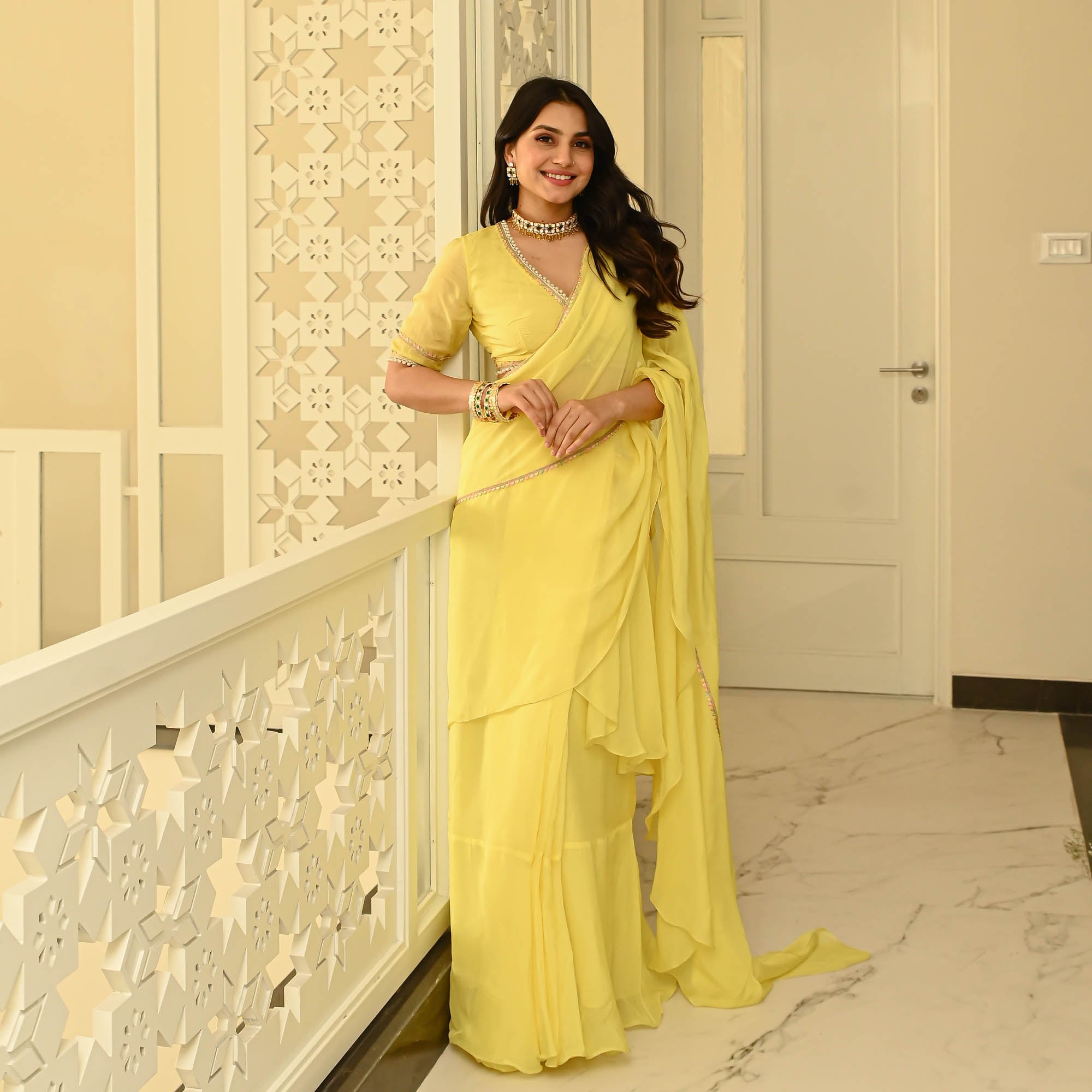 Lime Yellow Designer Organza Draped Saree For Women Online