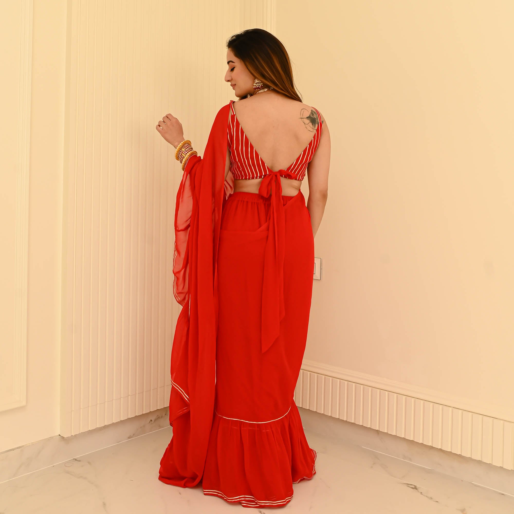 Hot Red Designer Georgette Draped Saree For Women Online