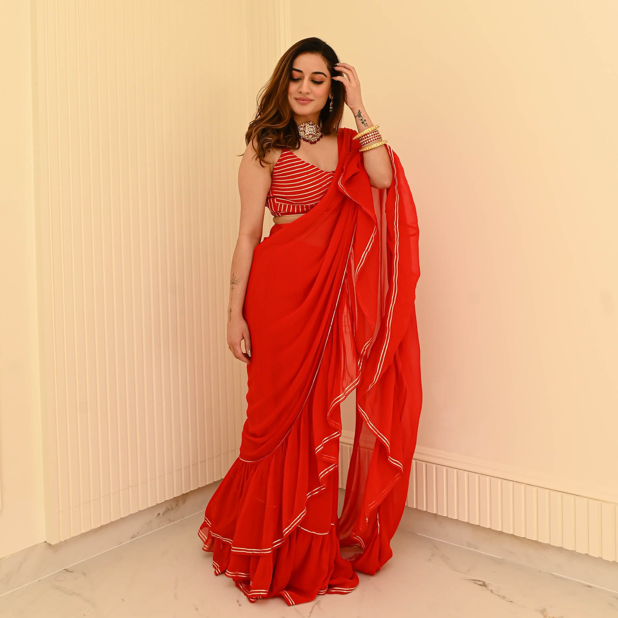 Hot Red Designer Georgette Draped Saree For Women Online
