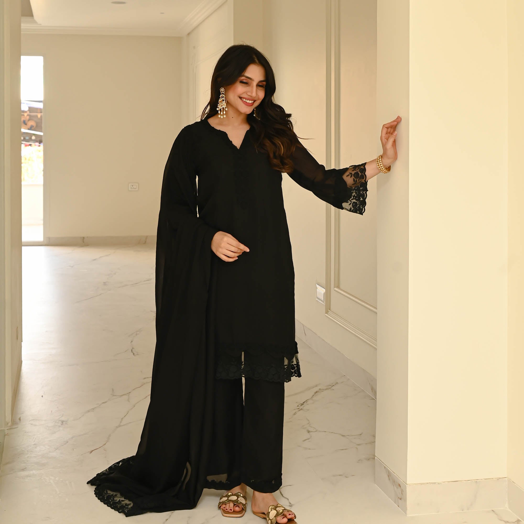 Black Designer Organza With Lace Suit Set For Women Online