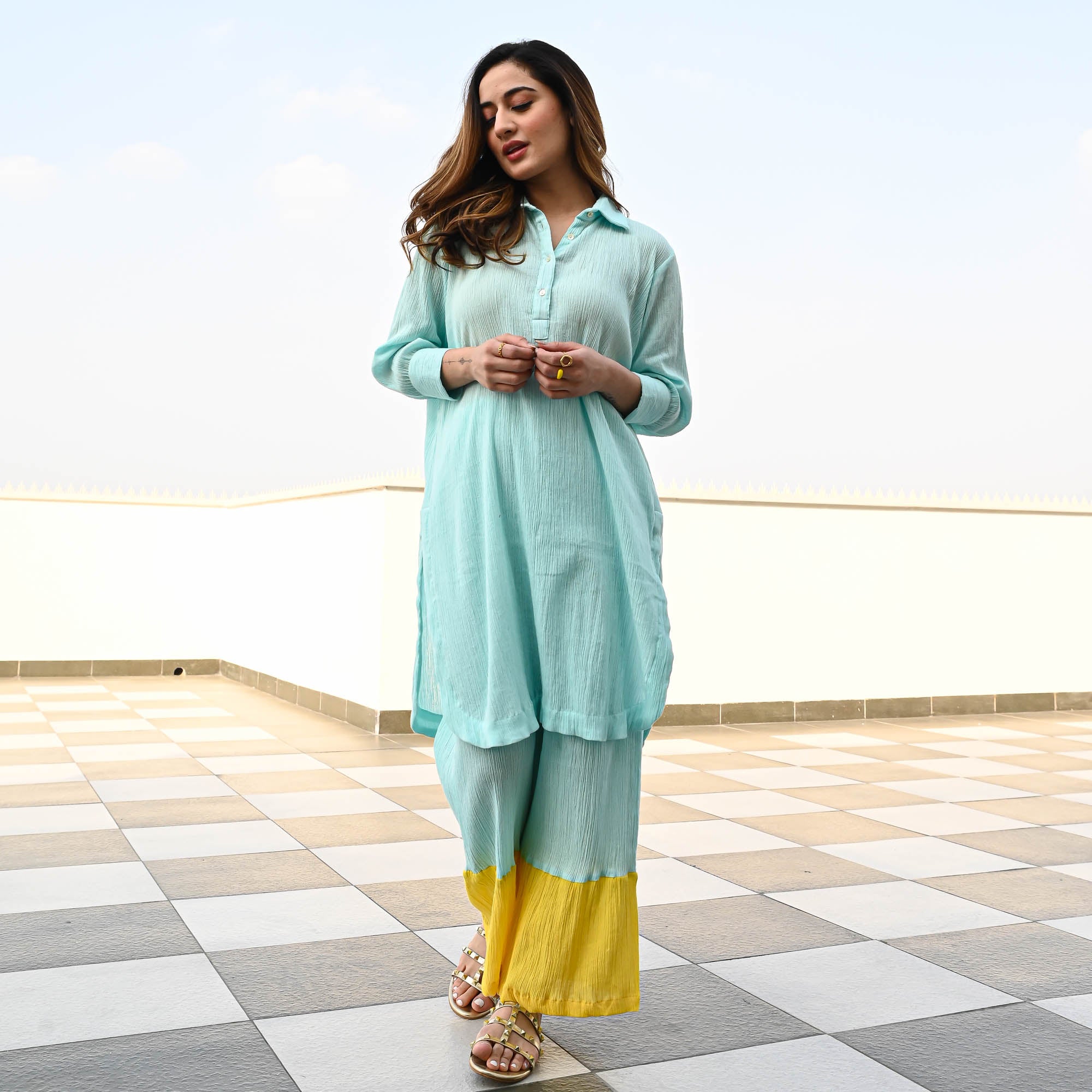 Blue Yellow Crushed Cotton Designer Co ord Set For Women Online