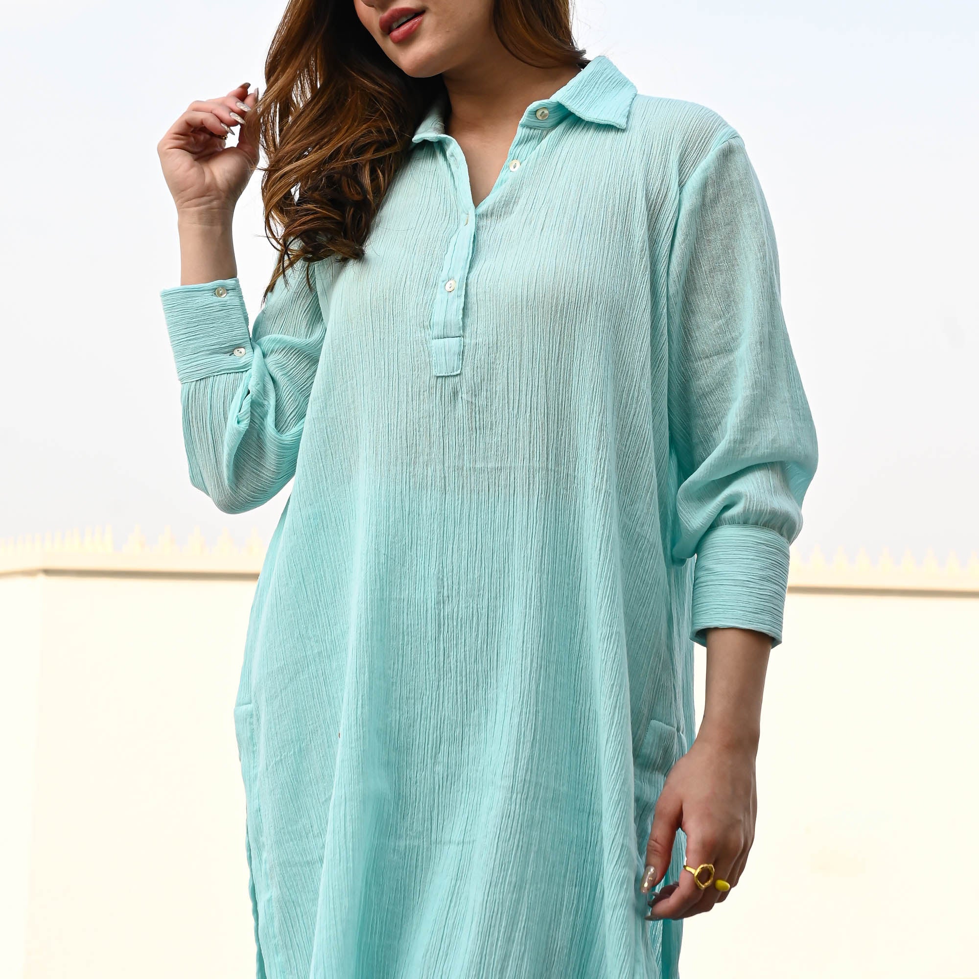 Blue Yellow Crushed Cotton Designer Co ord Set For Women Online