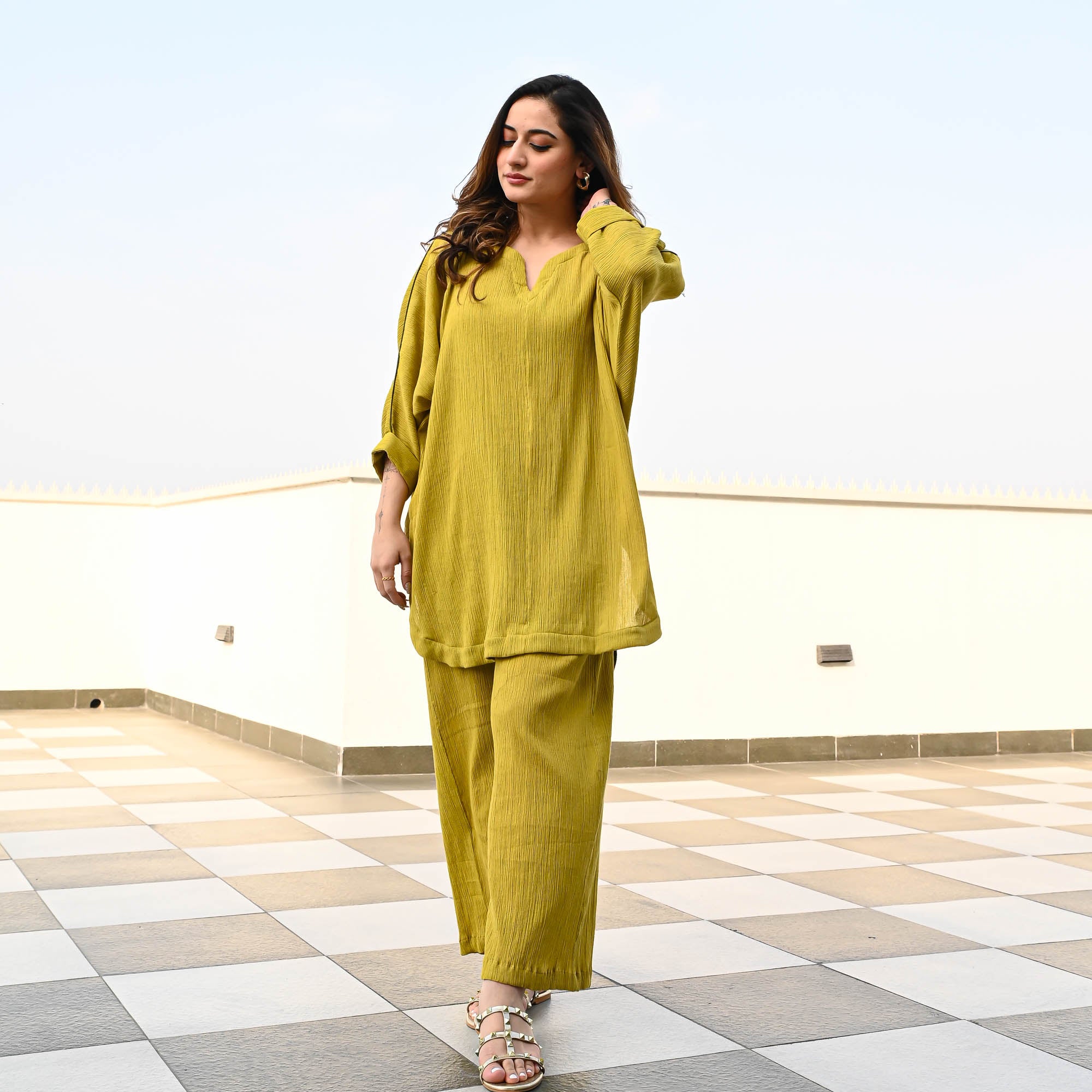 Olive Crushed Cotton Designer Co ord Set For Women Online
