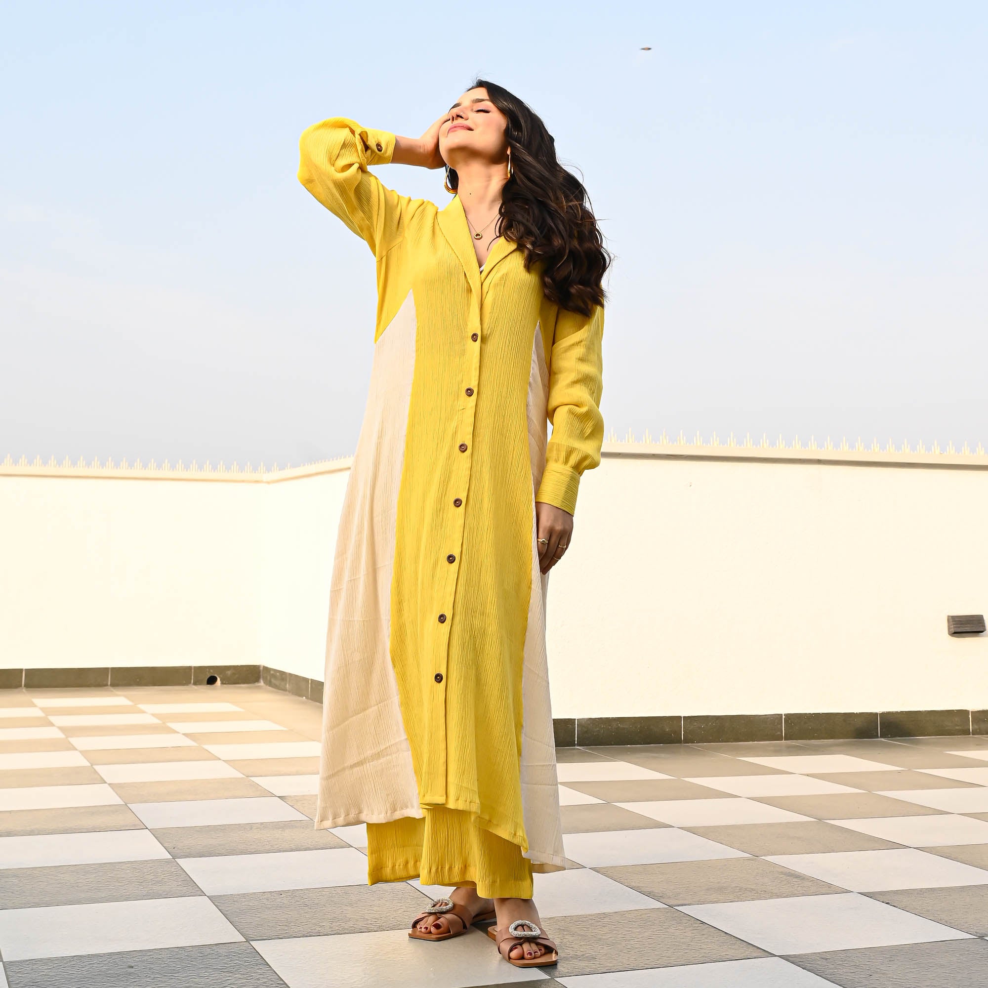 Yellow Cream Crushed Cotton Designer Co ord Set For Women Online