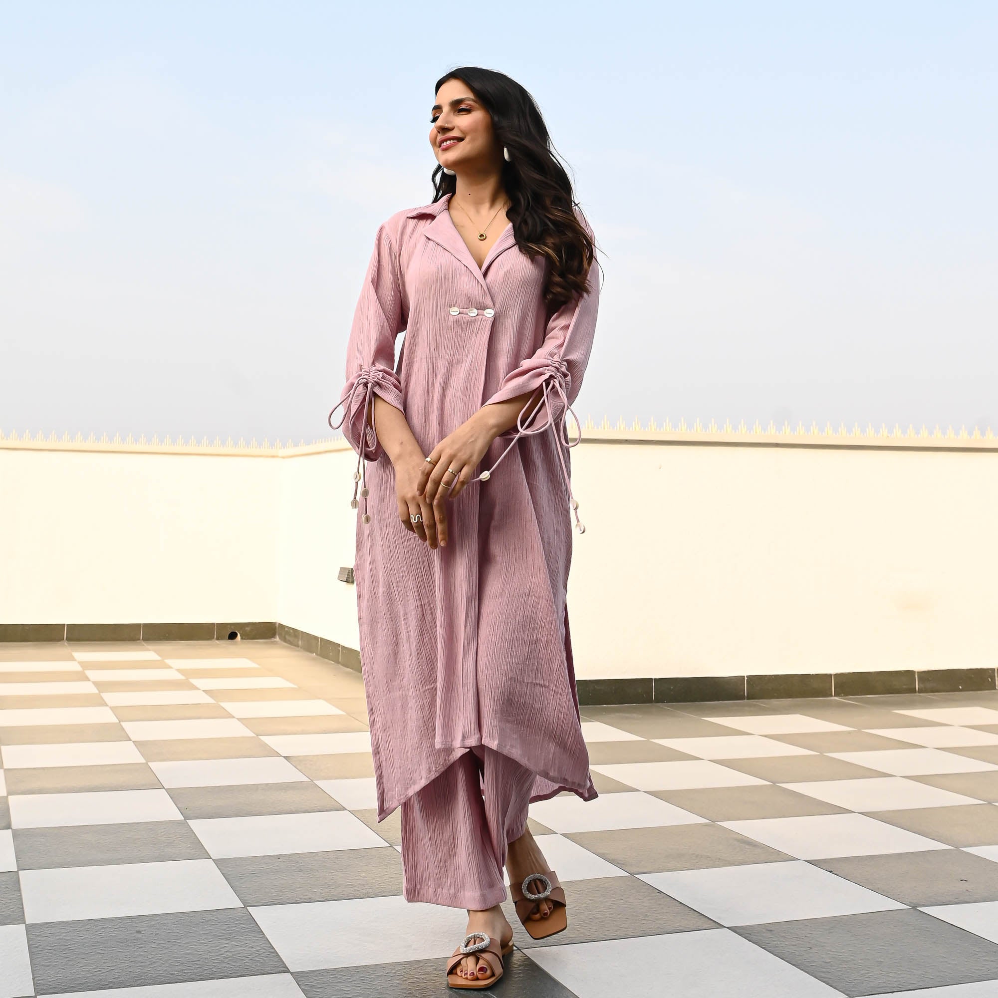 Mauve Crushed Cotton Designer Co ord Set For Women Online