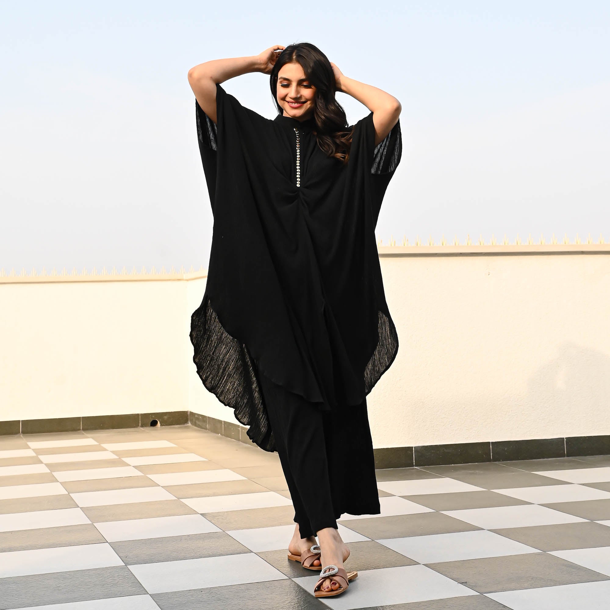 Black Crushed Cotton Designer Co ord Set For Women Online