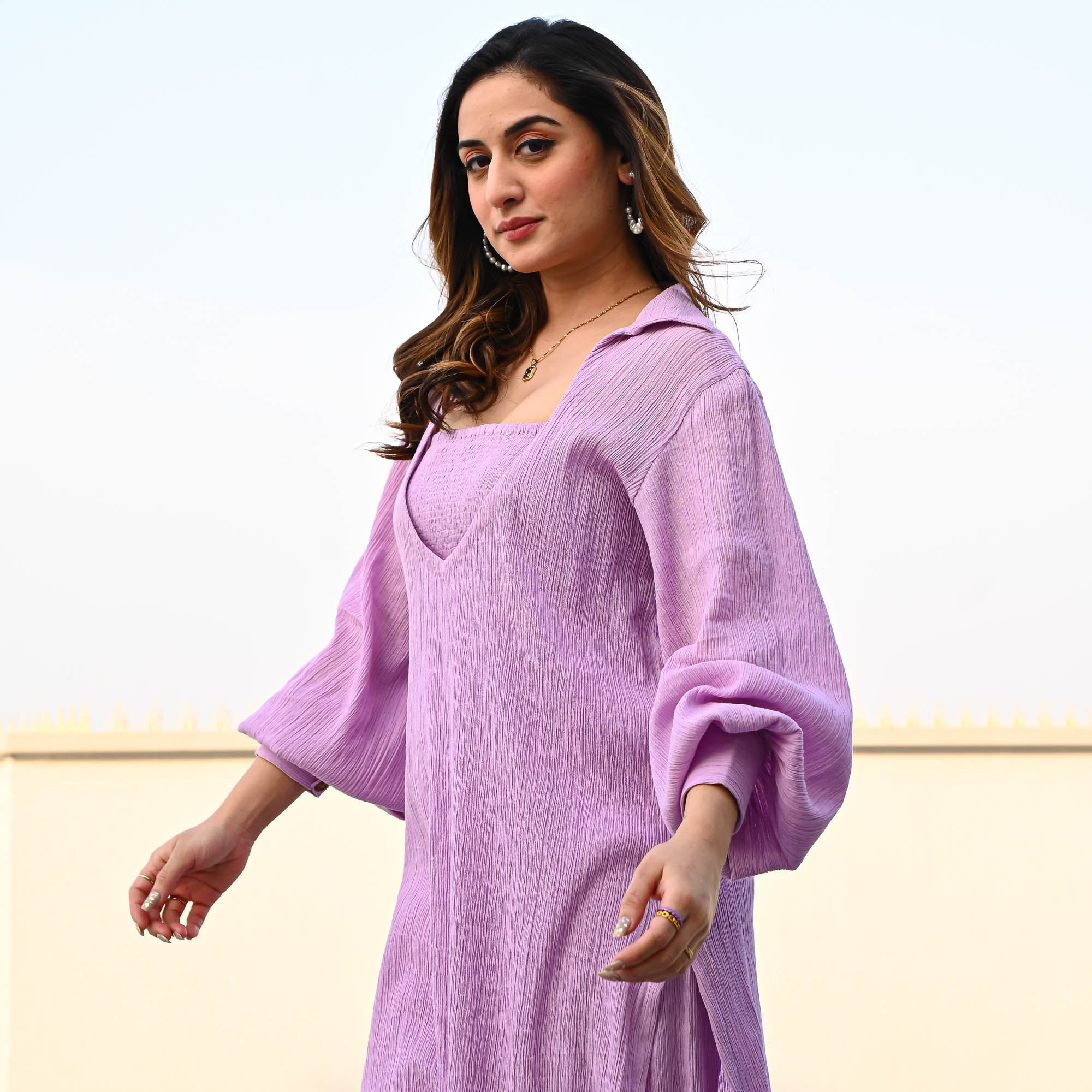 Lavender Crushed Cotton Designer Co ord Set For Women Online