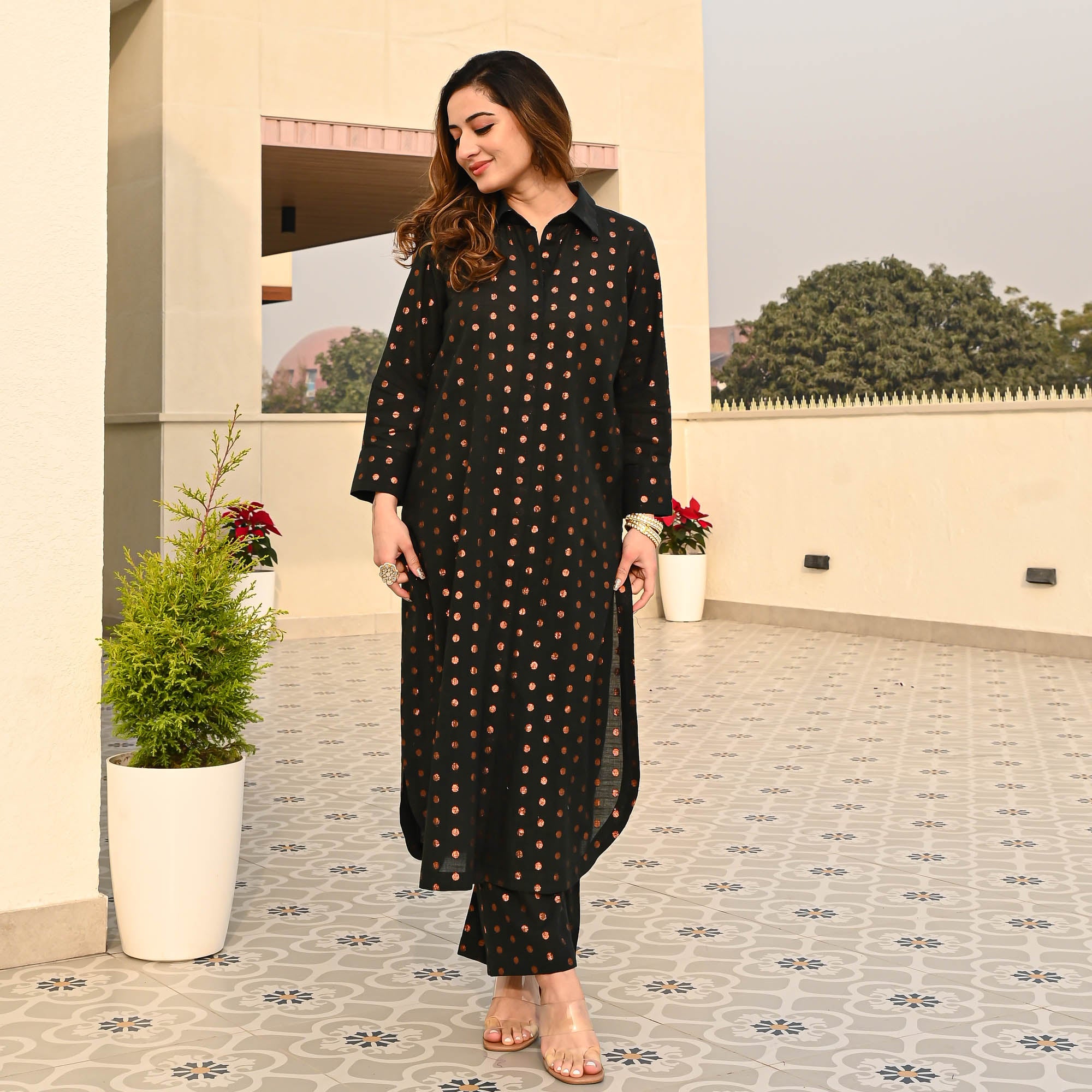 Black Cotton Lurex Designer Co ord Set For Women Online