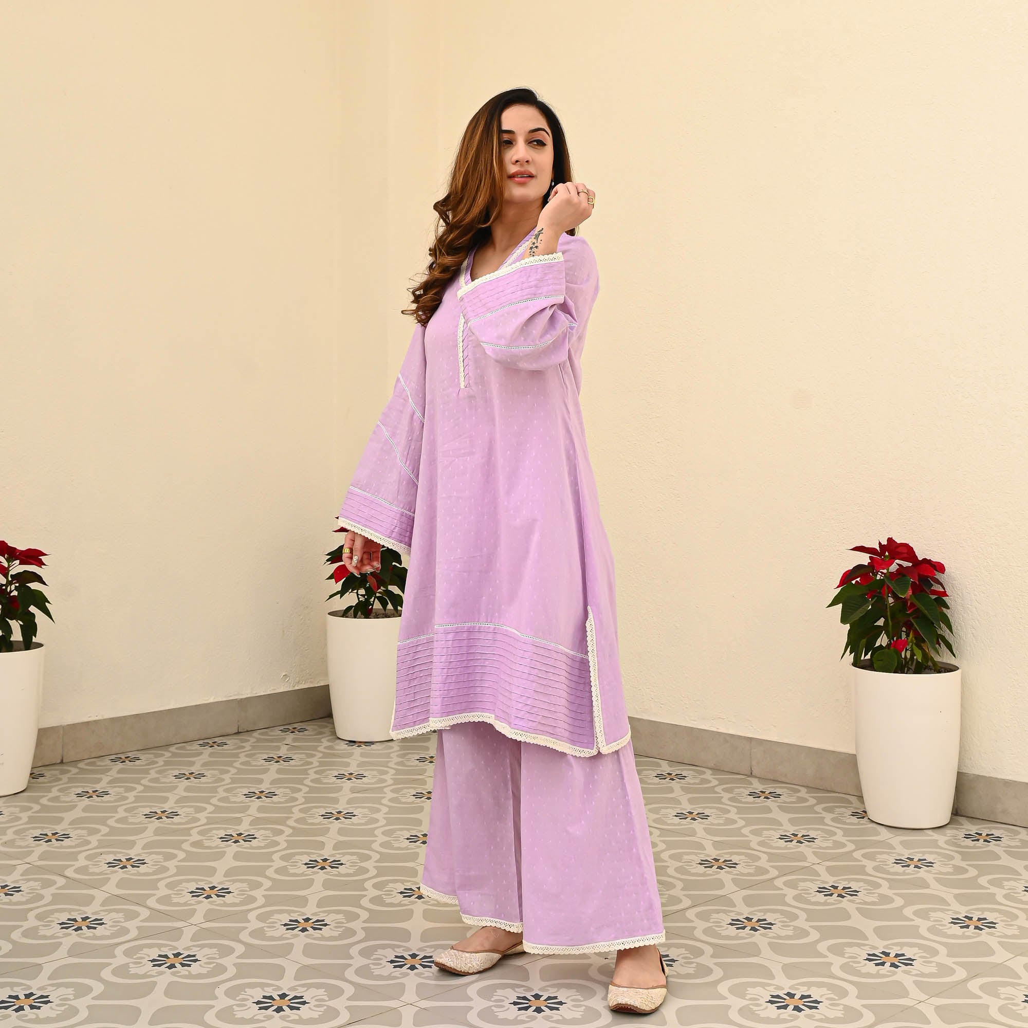 Lilac Lavender Cotton Dobby Designer Co-ord Set For Women Online