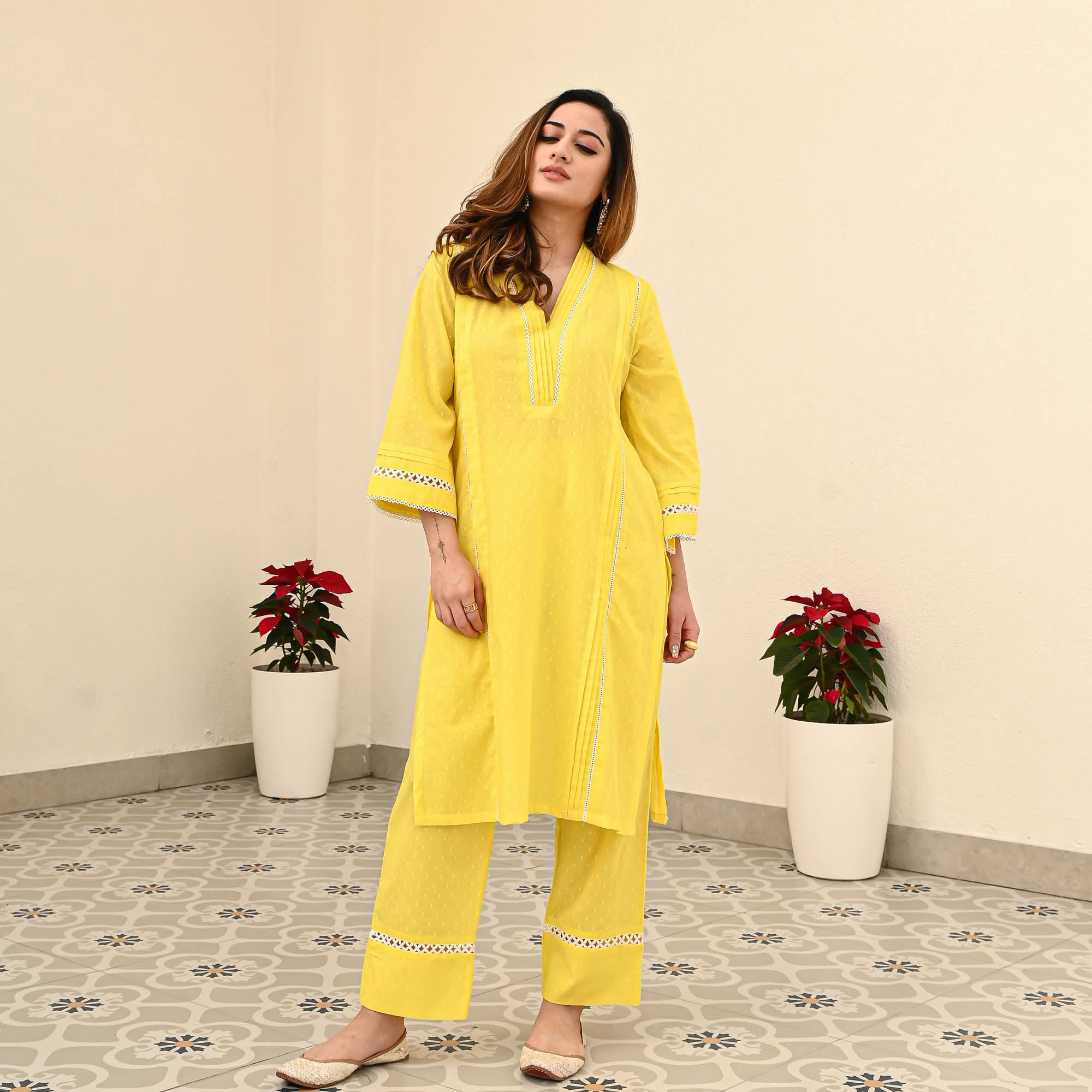 Dandelion Yellow Cotton Dobby Designer Co-ord Set For Women Online